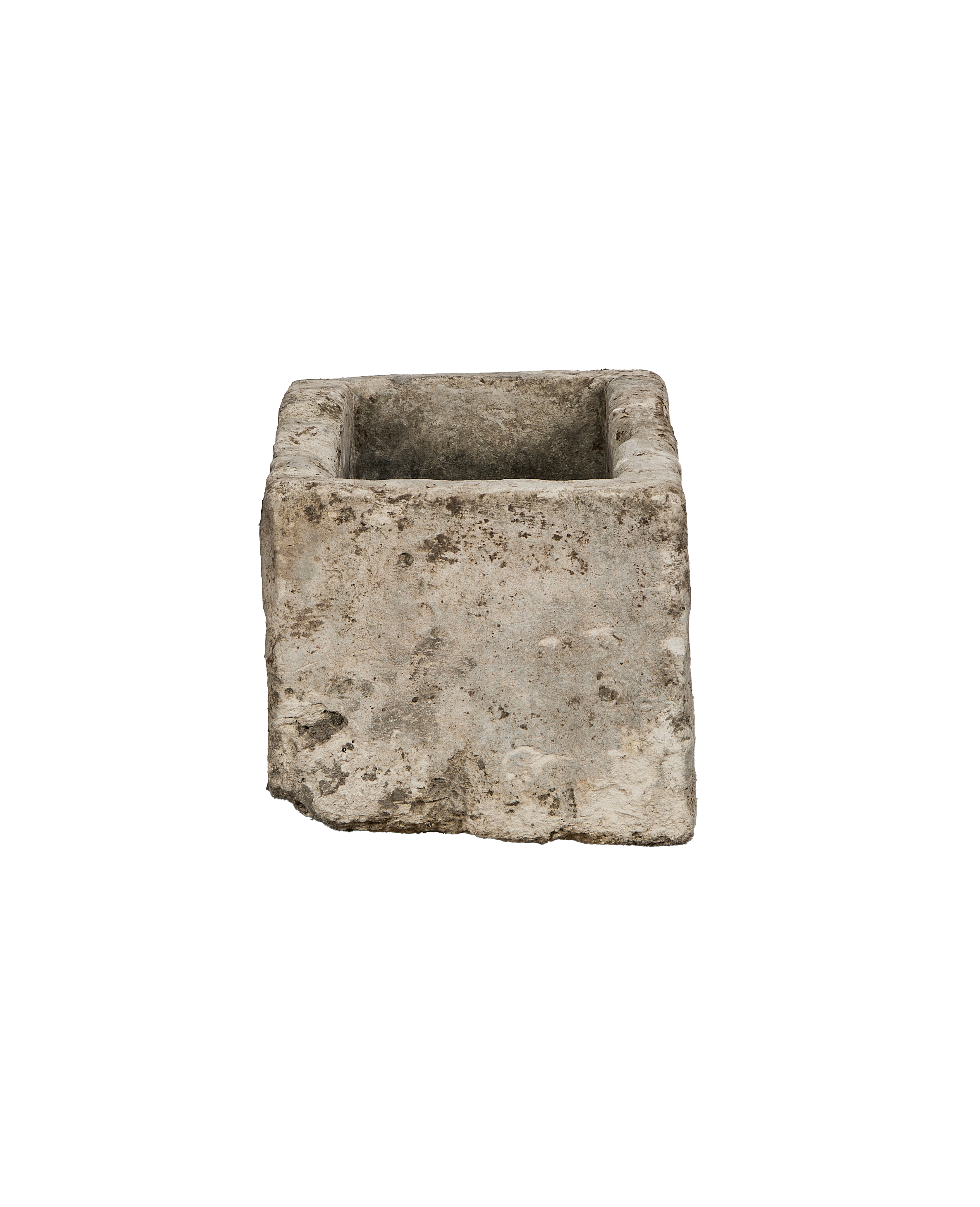 Vintage Indonesian rectangular limestone trough, showcasing rustic texture, an eroded short side, and open top.