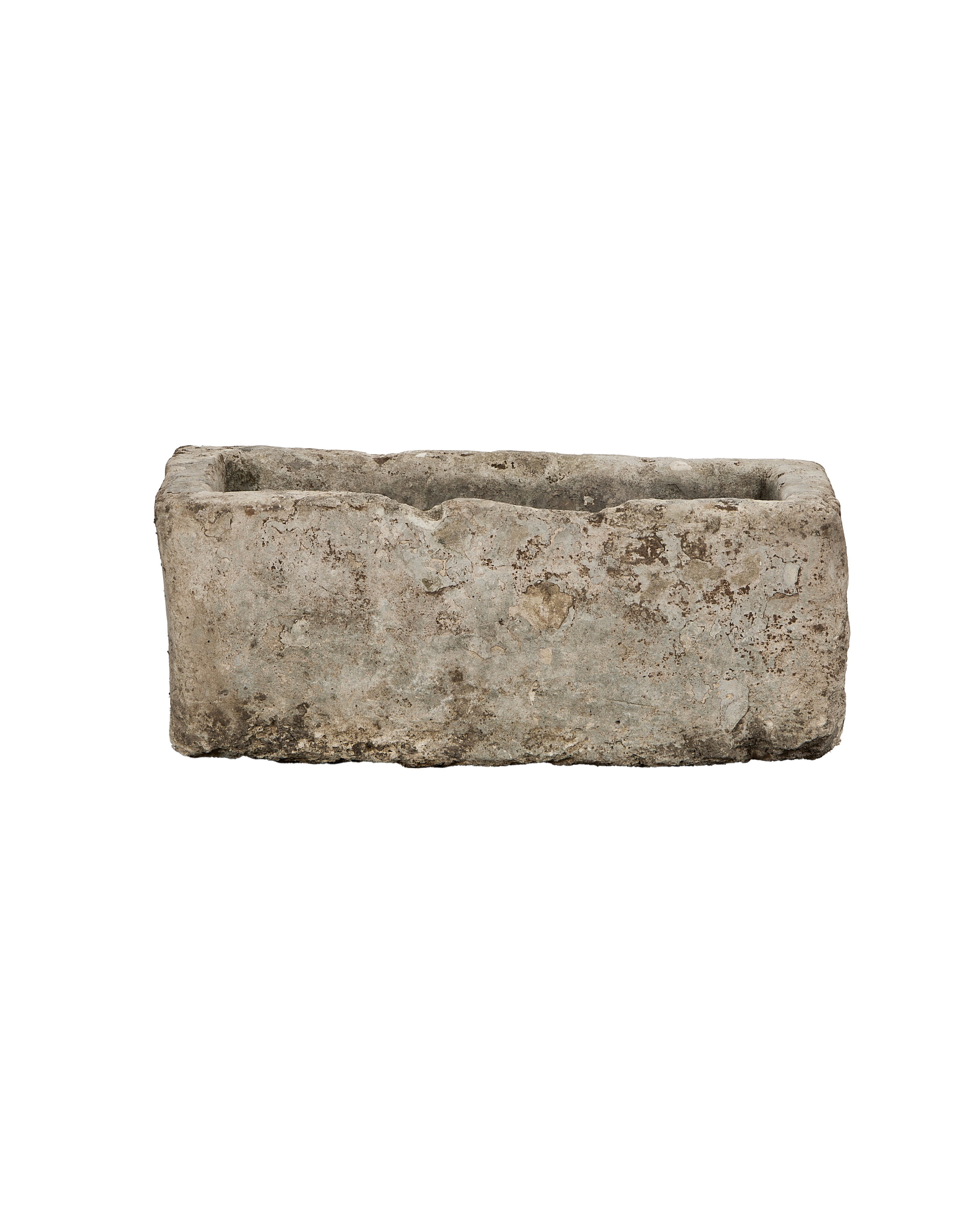 Vintage rectangular limestone trough, light gray with weathered marks, Indonesian antique.