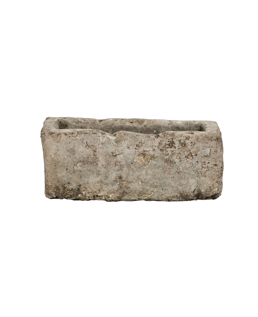 Vintage rectangular limestone trough, light gray with weathered marks, Indonesian antique.