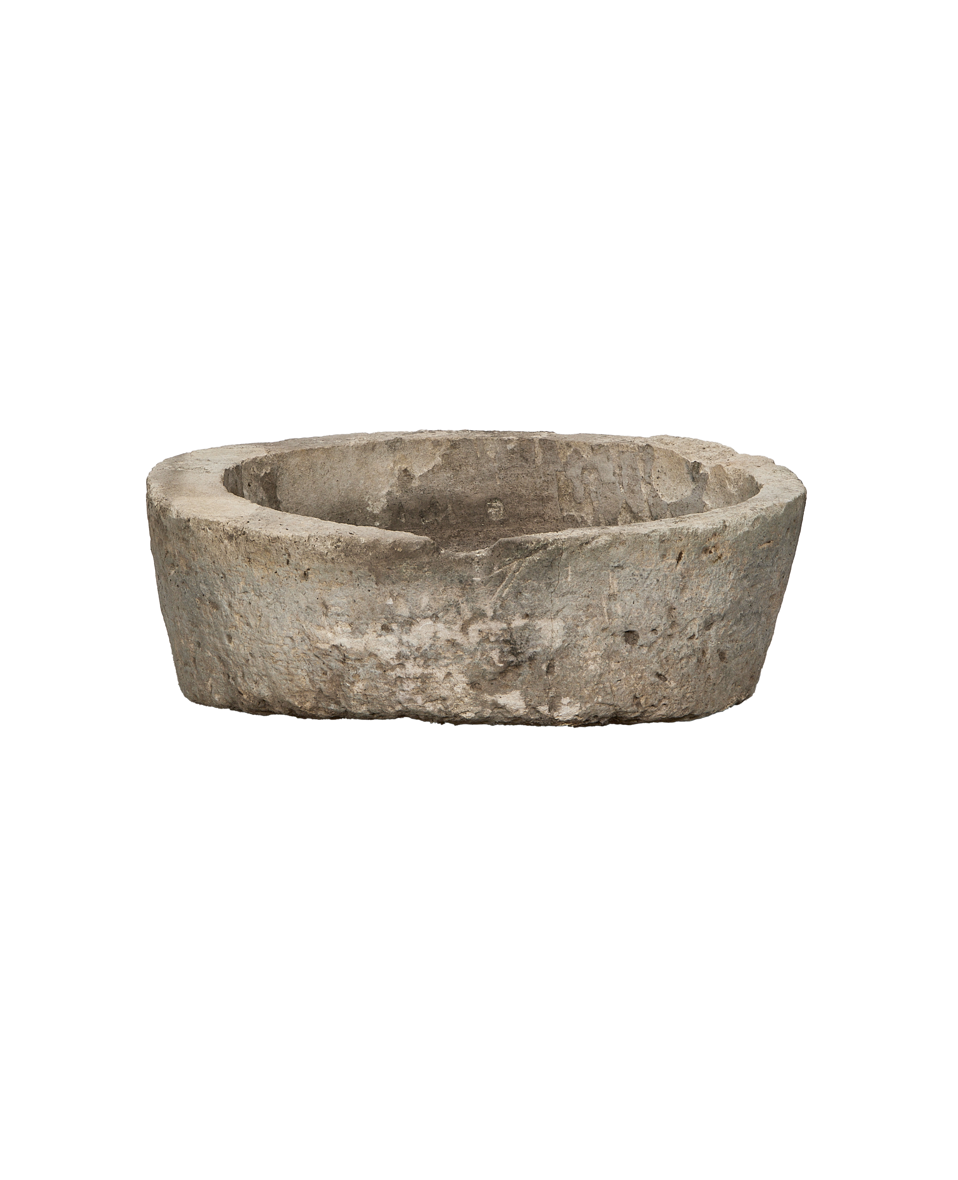 Vintage round Indonesian limestone trough, grey with natural texture, rough condition, from Indonesia.