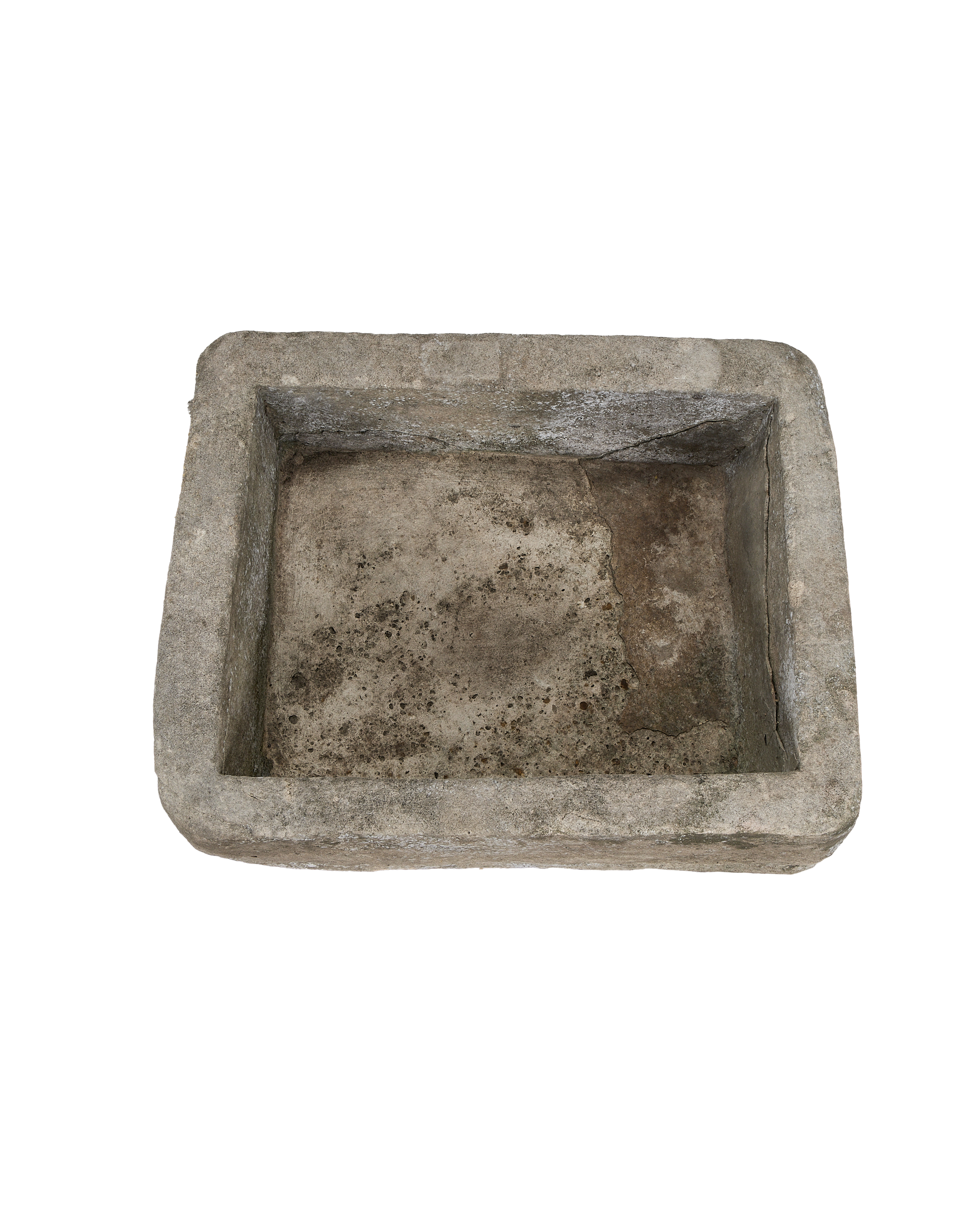 Vintage Indonesian limestone trough, top view showing rectangular form and aged patina.