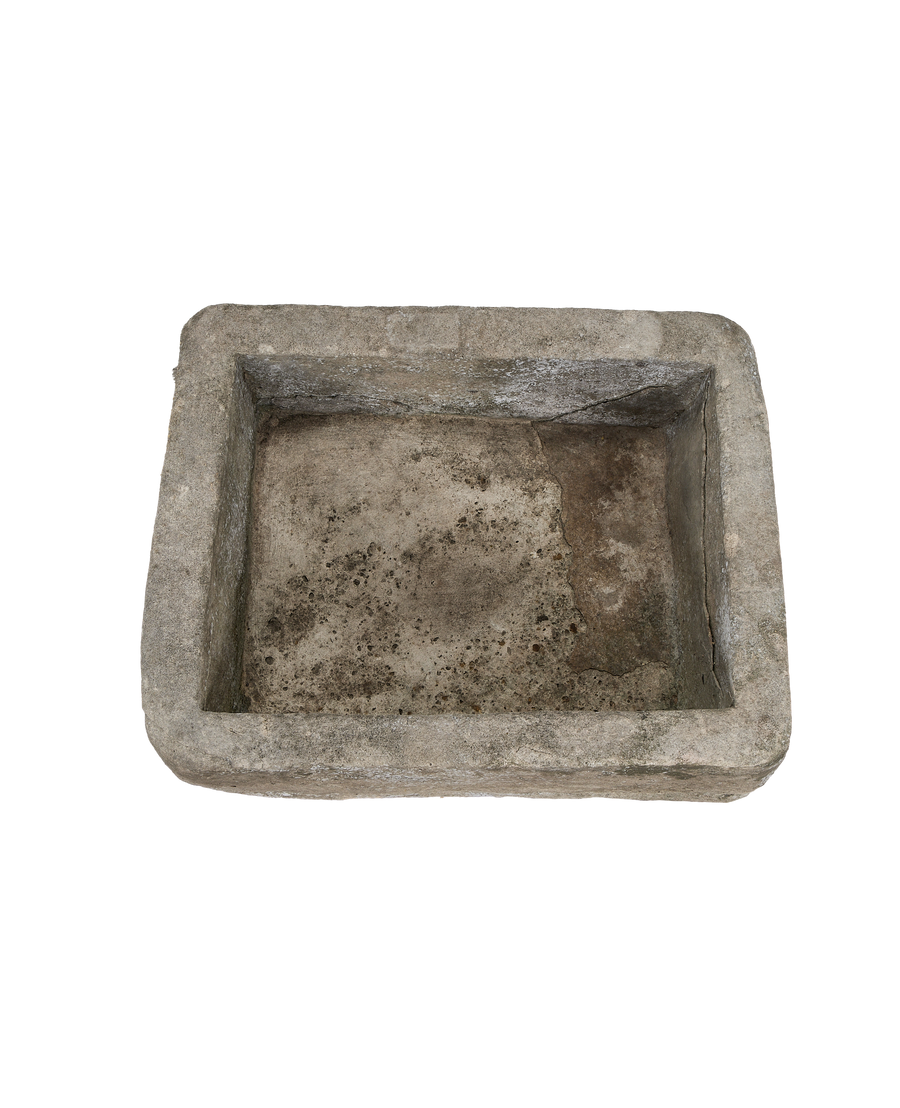 Vintage Indonesian limestone trough, top view showing rectangular form and aged patina.