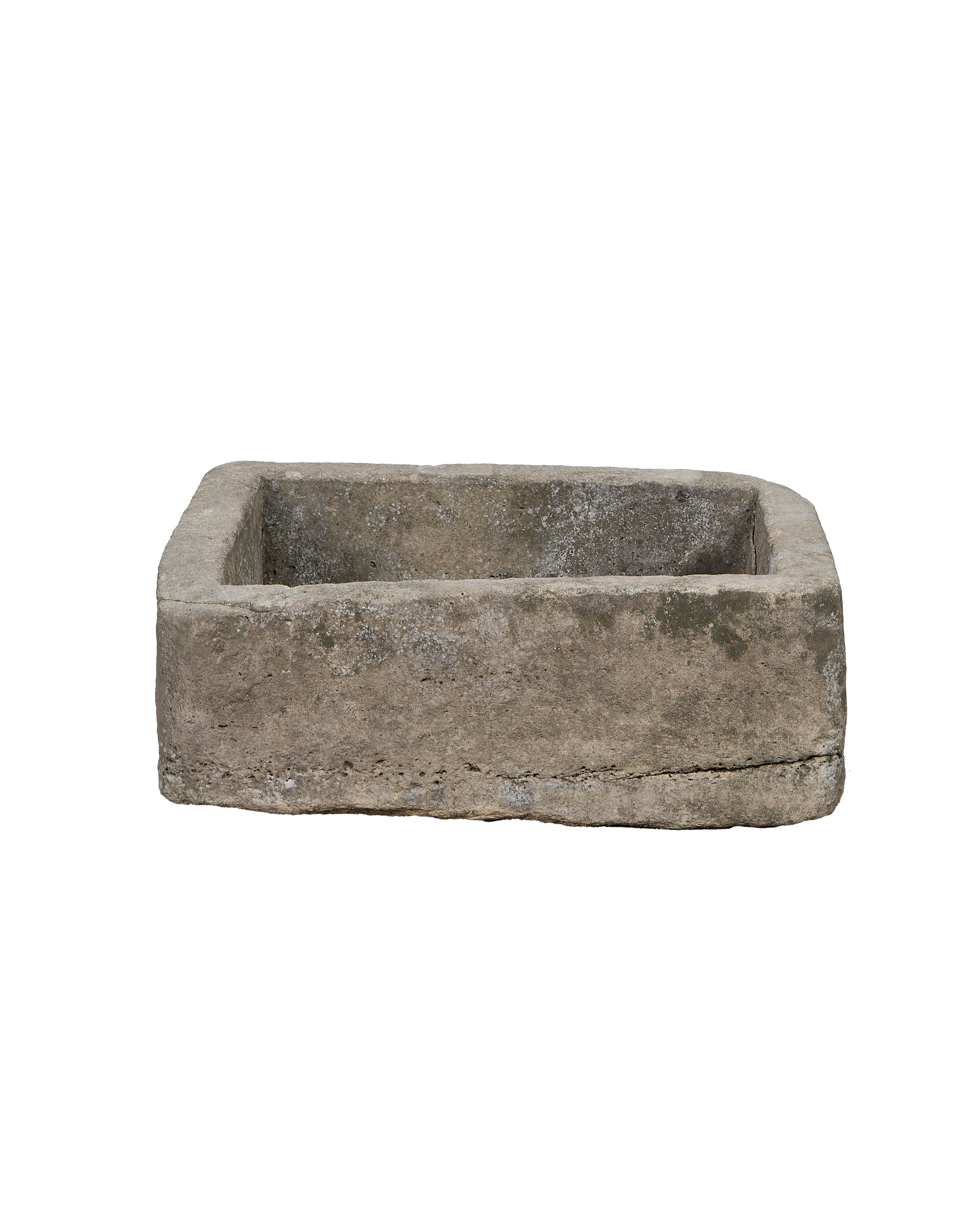 Vintage rectangular limestone trough, weathered gray concrete texture, from Indonesia, top view.