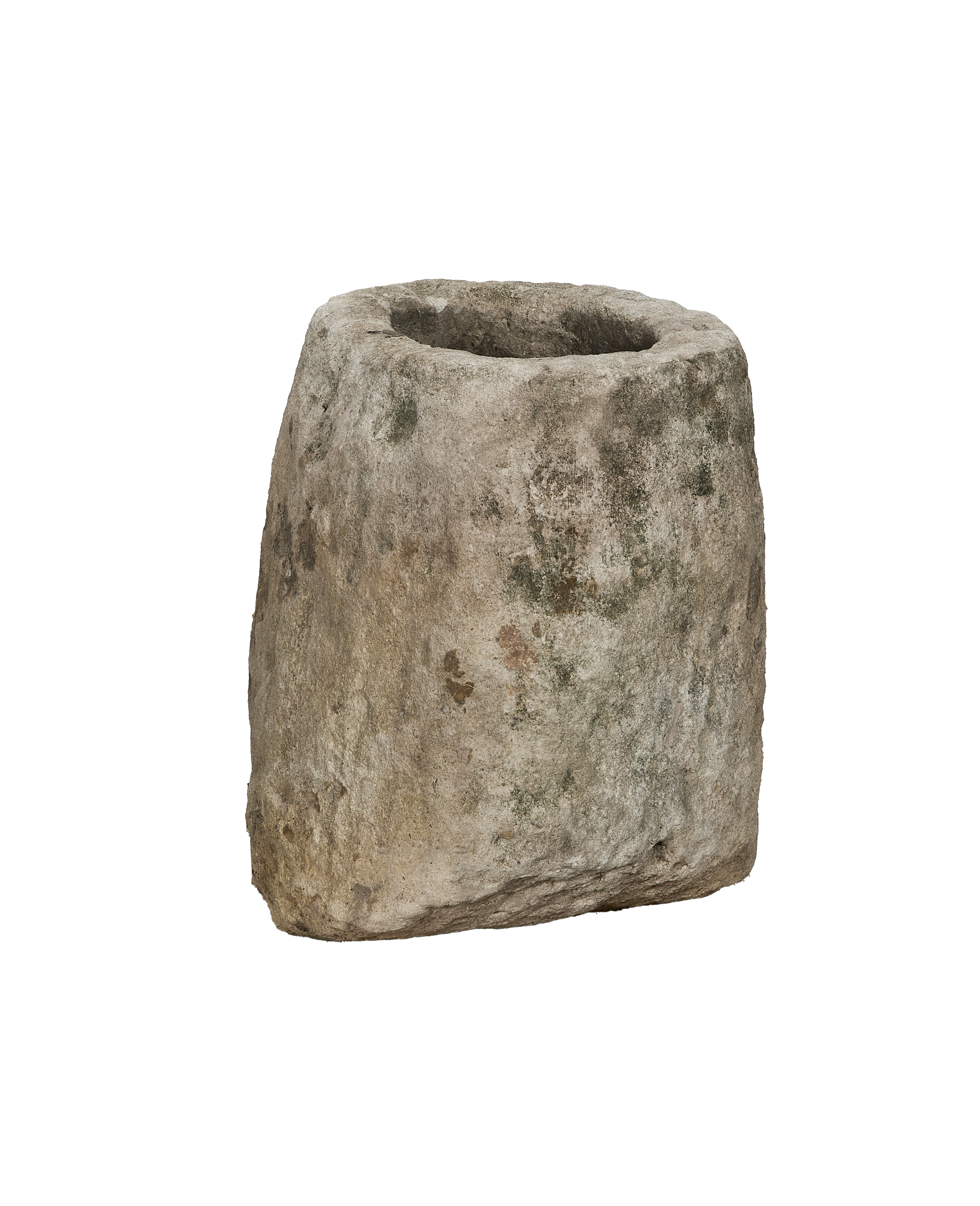 Vintage Indonesian limestone trough pot, weathered surface, darkened oblong opening, unique details.