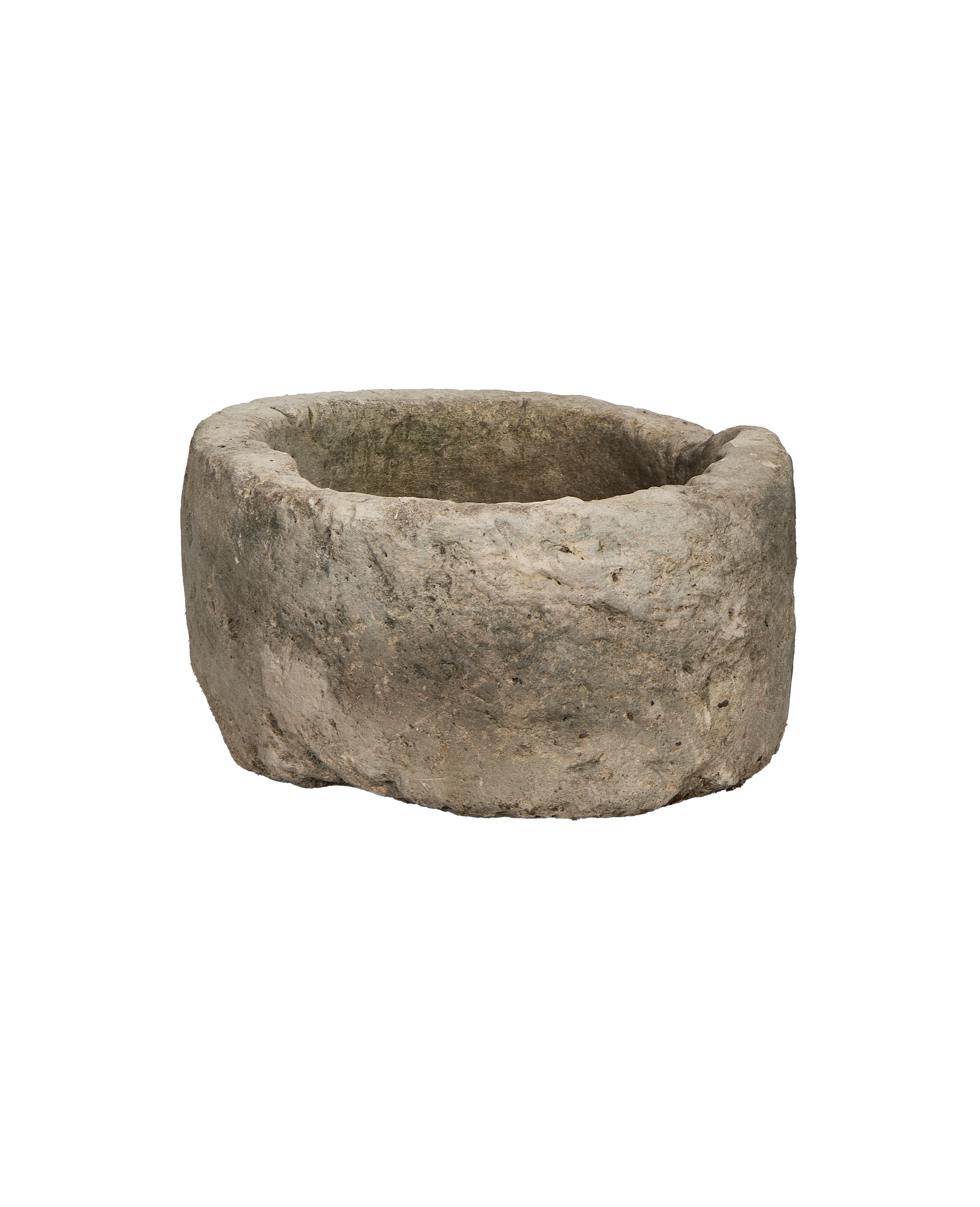 Vintage Indonesian round limestone trough, naturally weathered with textured grey surface.