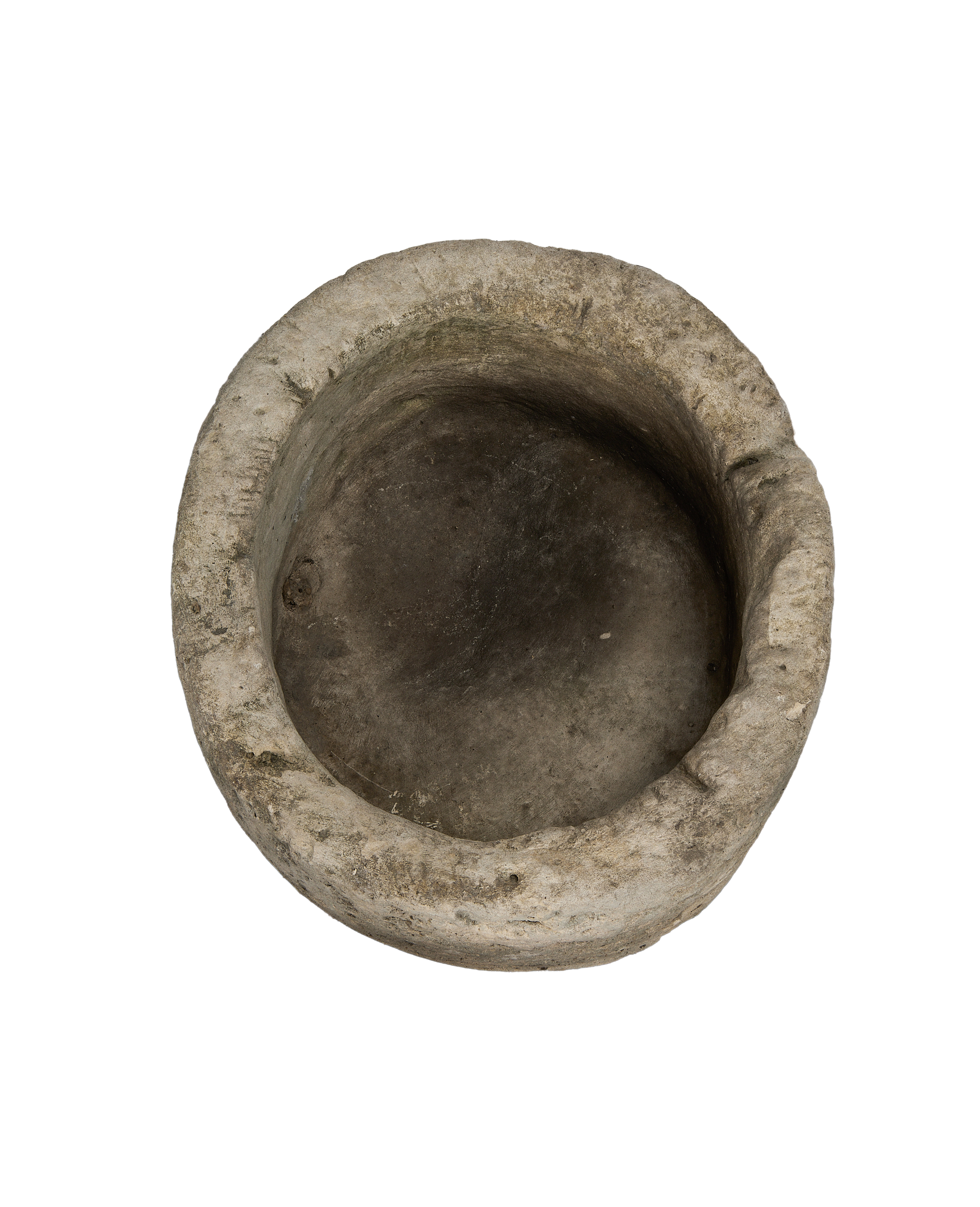 Vintage Indonesian round limestone trough, top-down view showing interior and weathered rim.