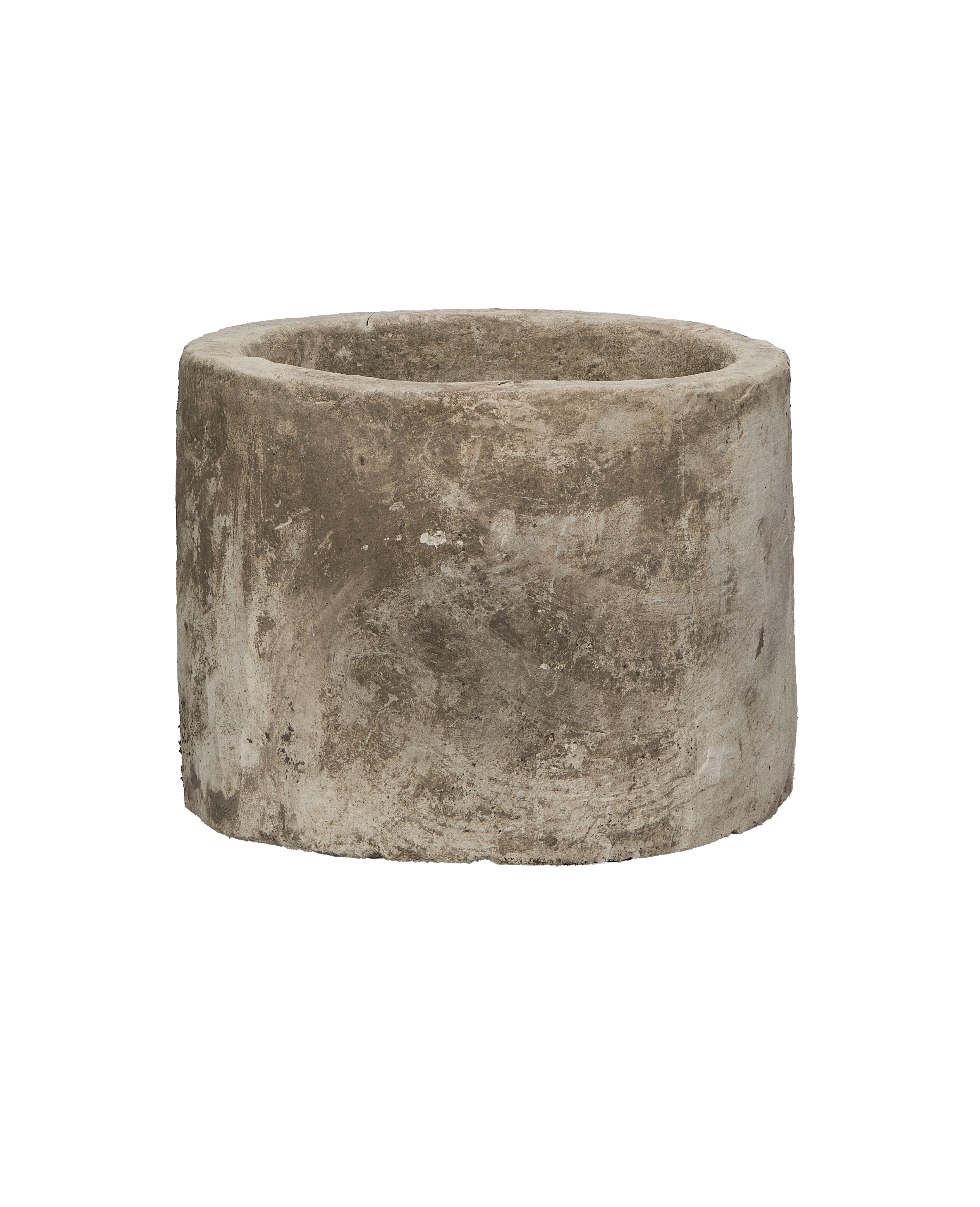 Vintage Indonesian round limestone trough, rough texture, weathered light grey finish.