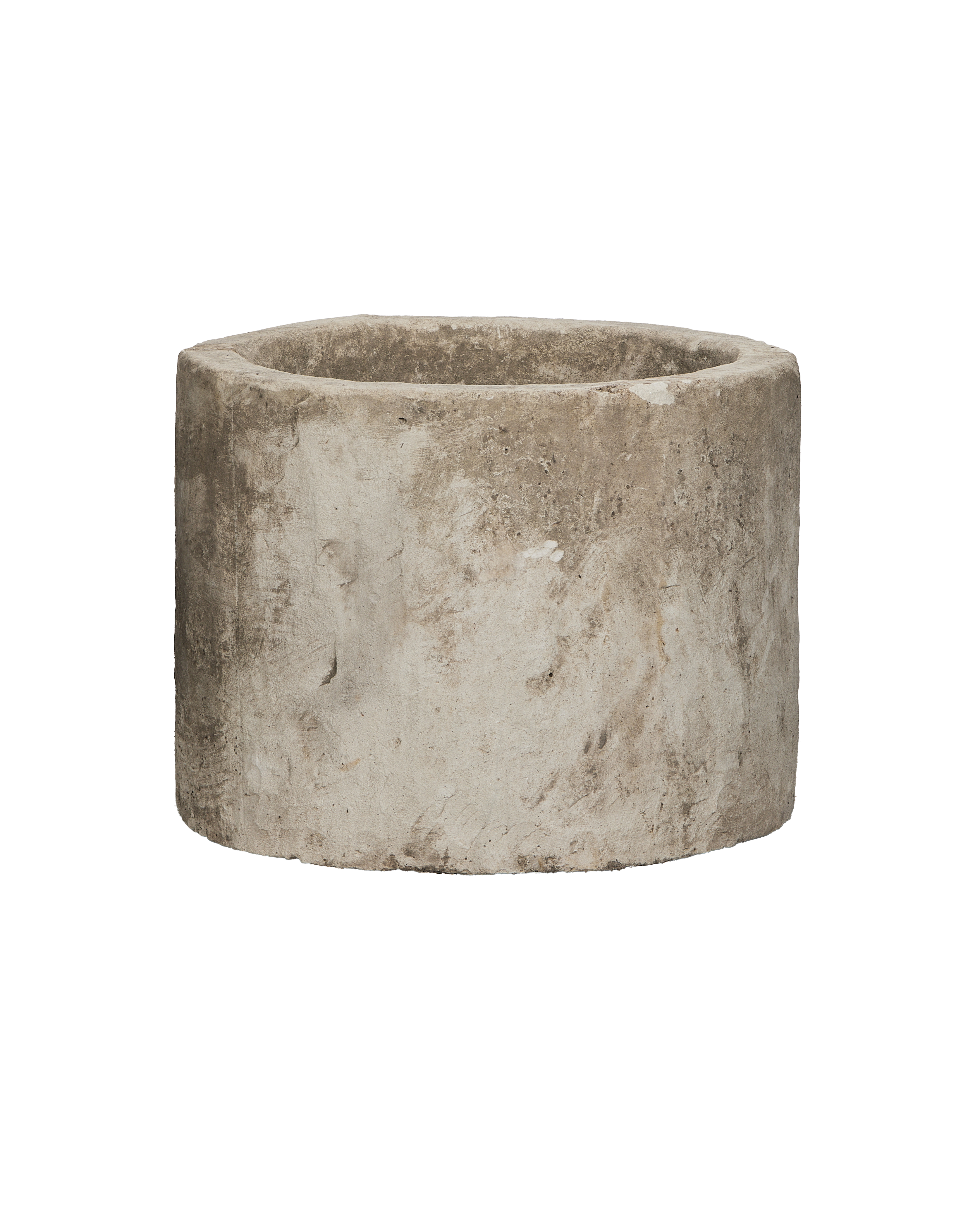 Vintage round limestone trough, full front view showing texture and weathered finish.