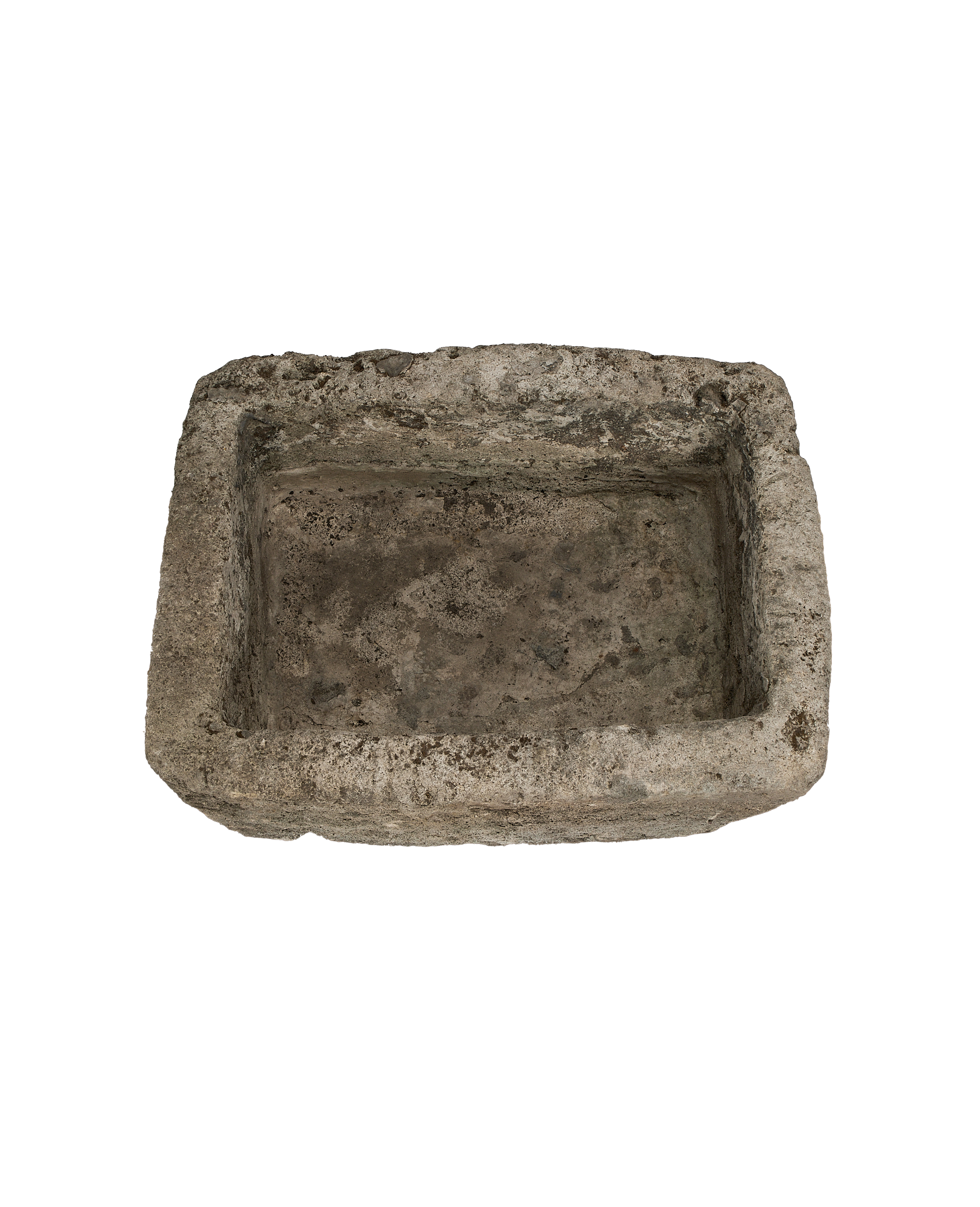 Vintage Indonesian limestone trough, rectangular, from top, showcasing aged surface and rough texture.