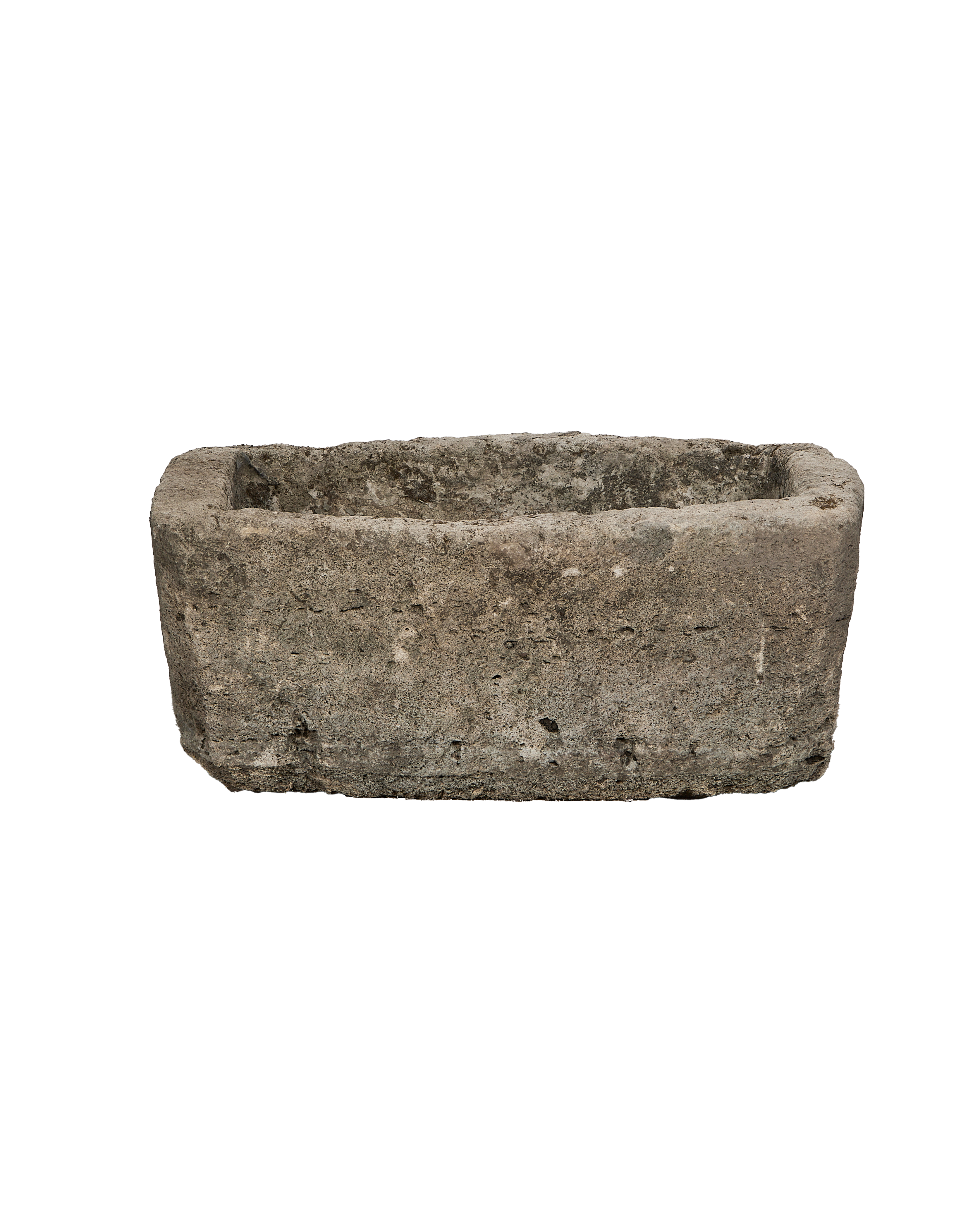 Vintage Indonesian limestone rectangular trough with weathered grey-brown surface texture.