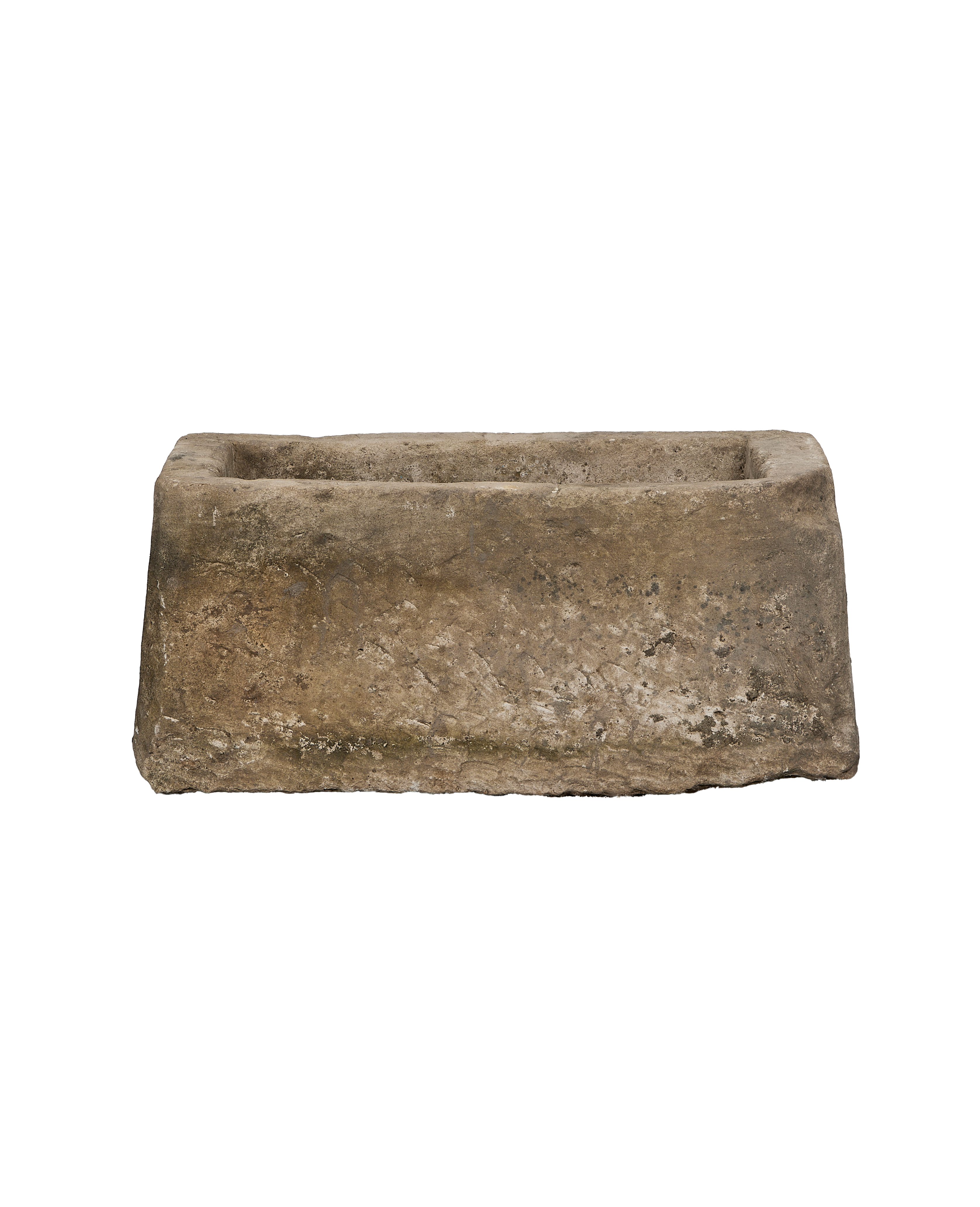 Vintage rectangular limestone trough, weathered gray concrete texture, from Indonesia, straight-on view.