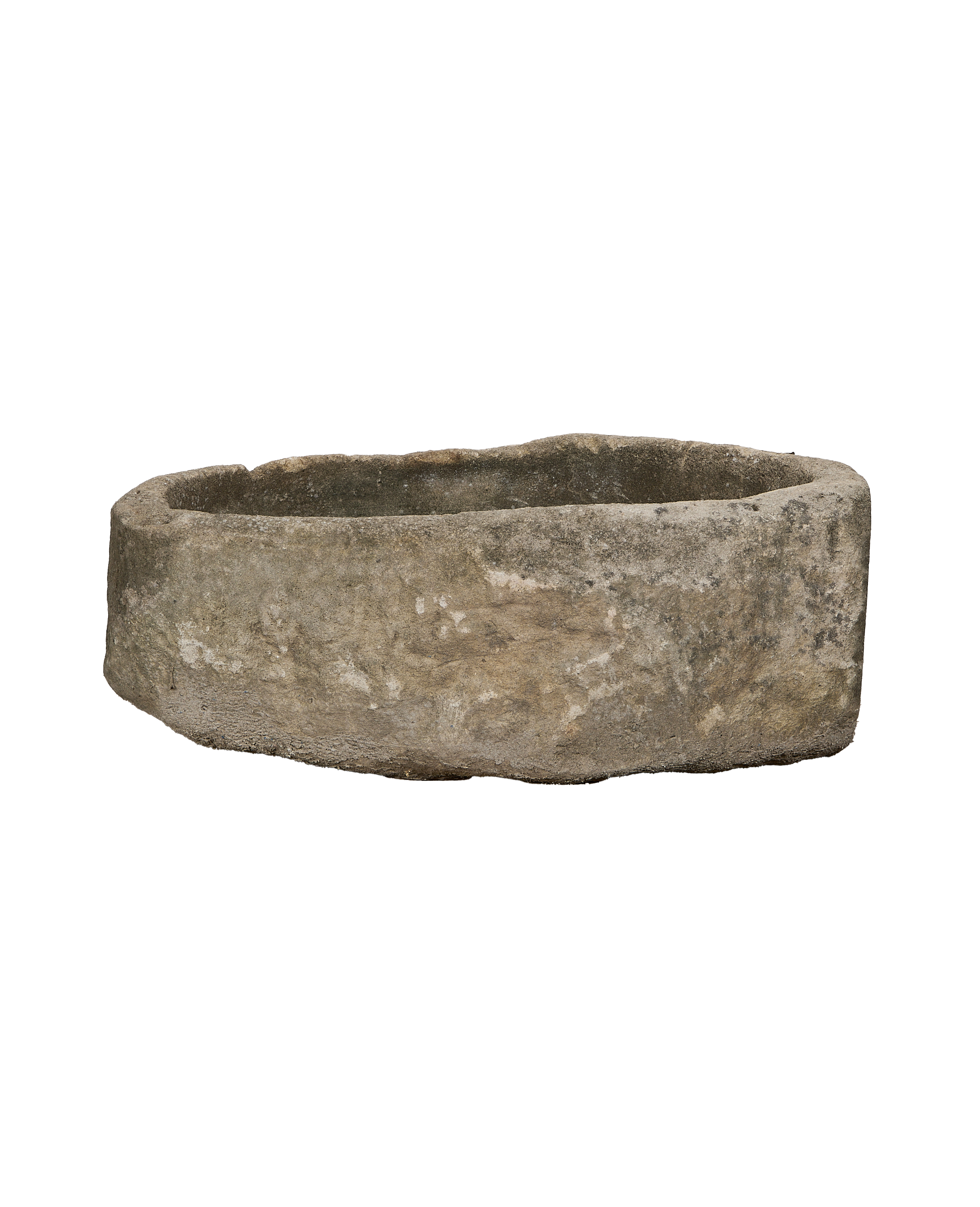 Vintage Indonesian oblong limestone trough with weathered natural patina, main view.