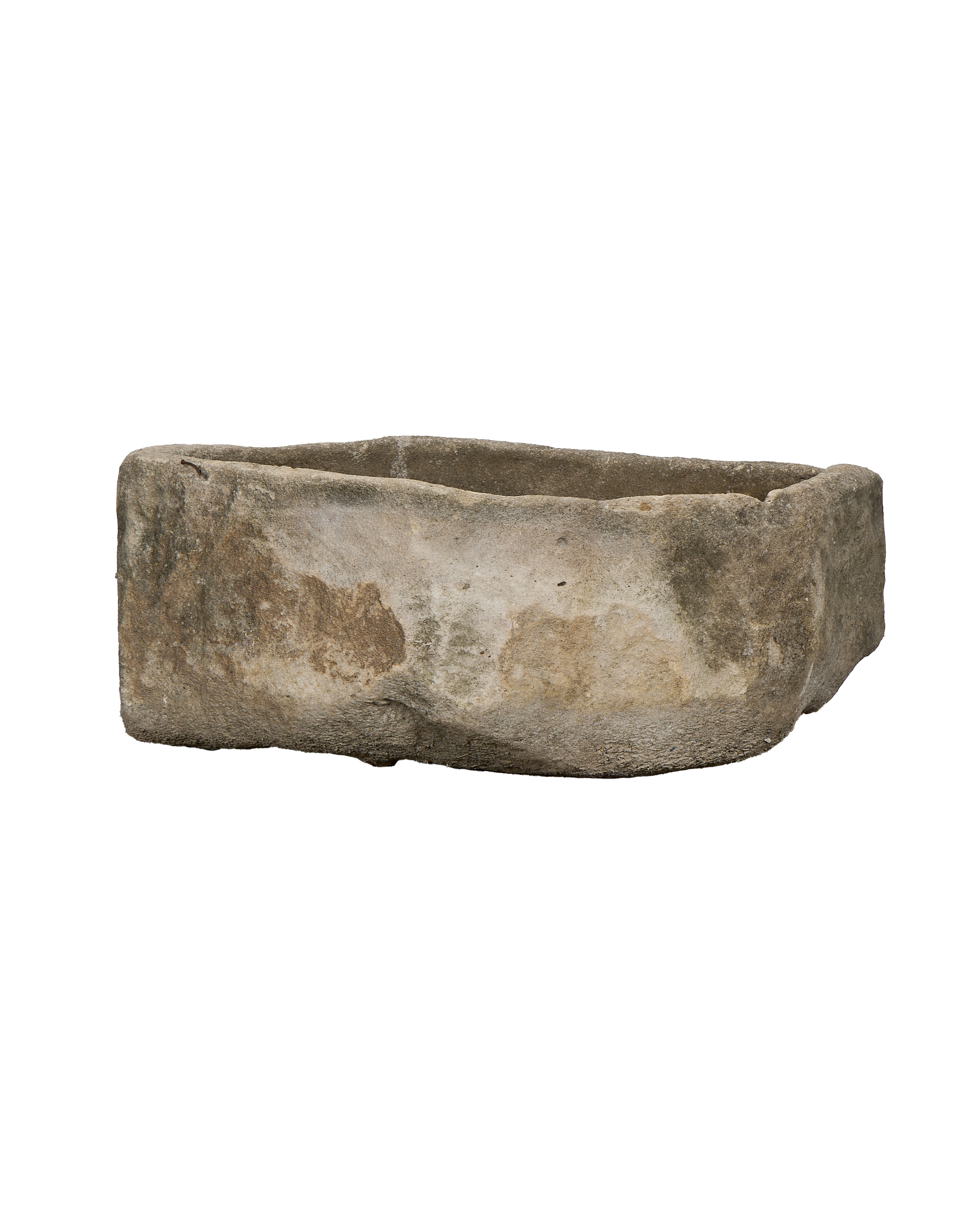 Vintage oblong limestone trough, weathered Indonesian garden planter, showcasing textured sides and natural patina.