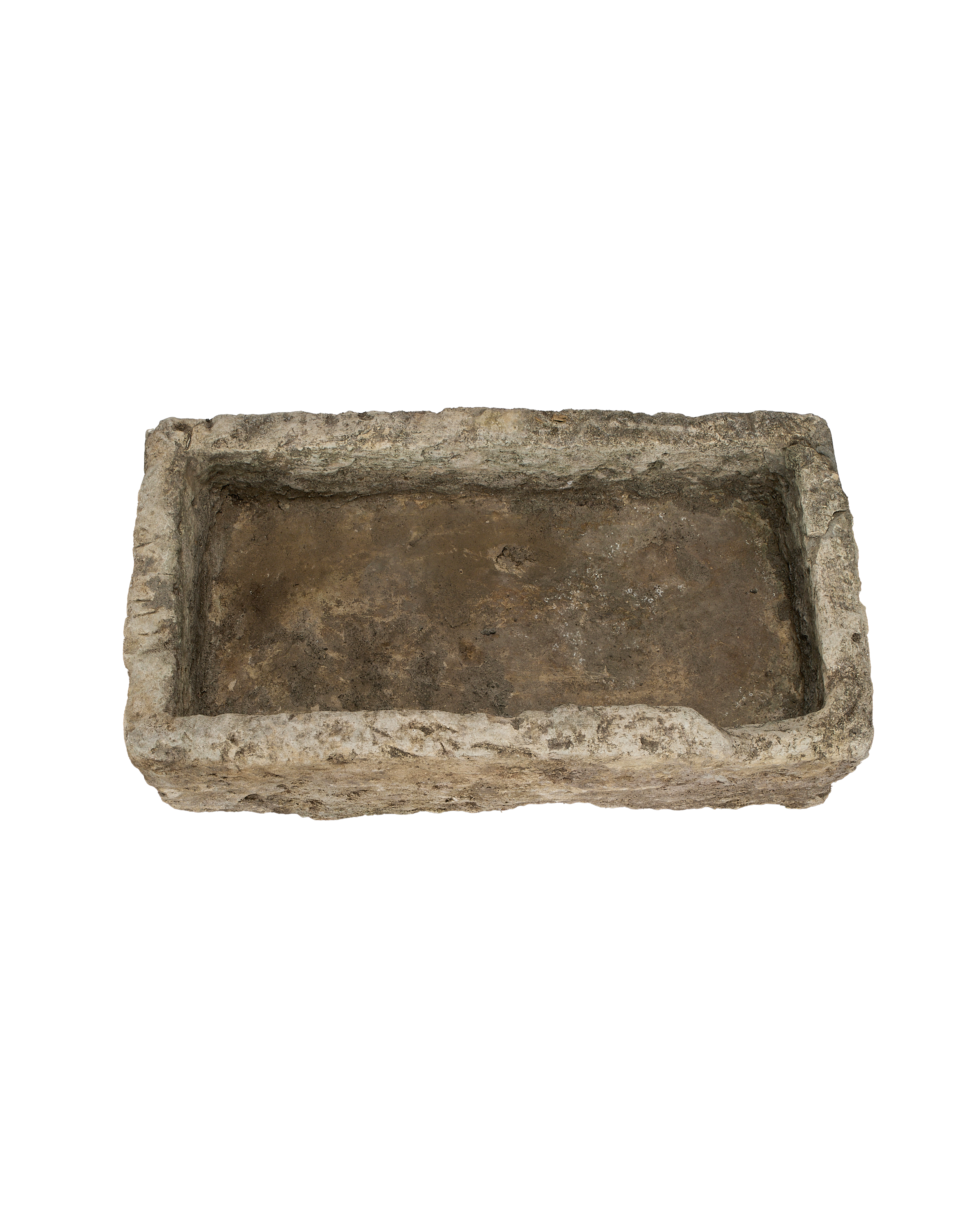 Vintage Indonesian rectangular limestone trough, rustic texture, top-down internal view.