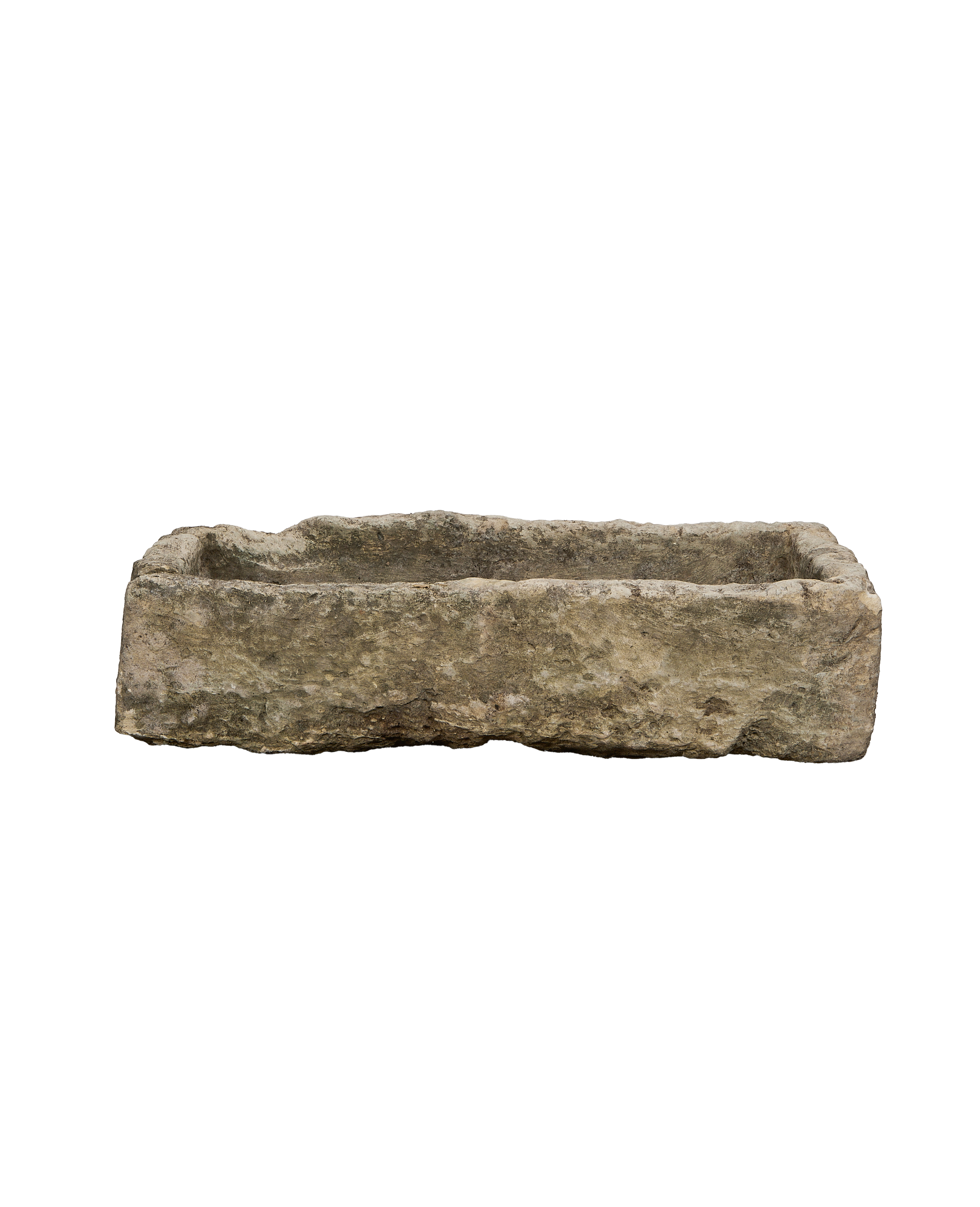 Vintage Indonesian limestone trough, rectangle, aged OAK finish, displayed on black.
