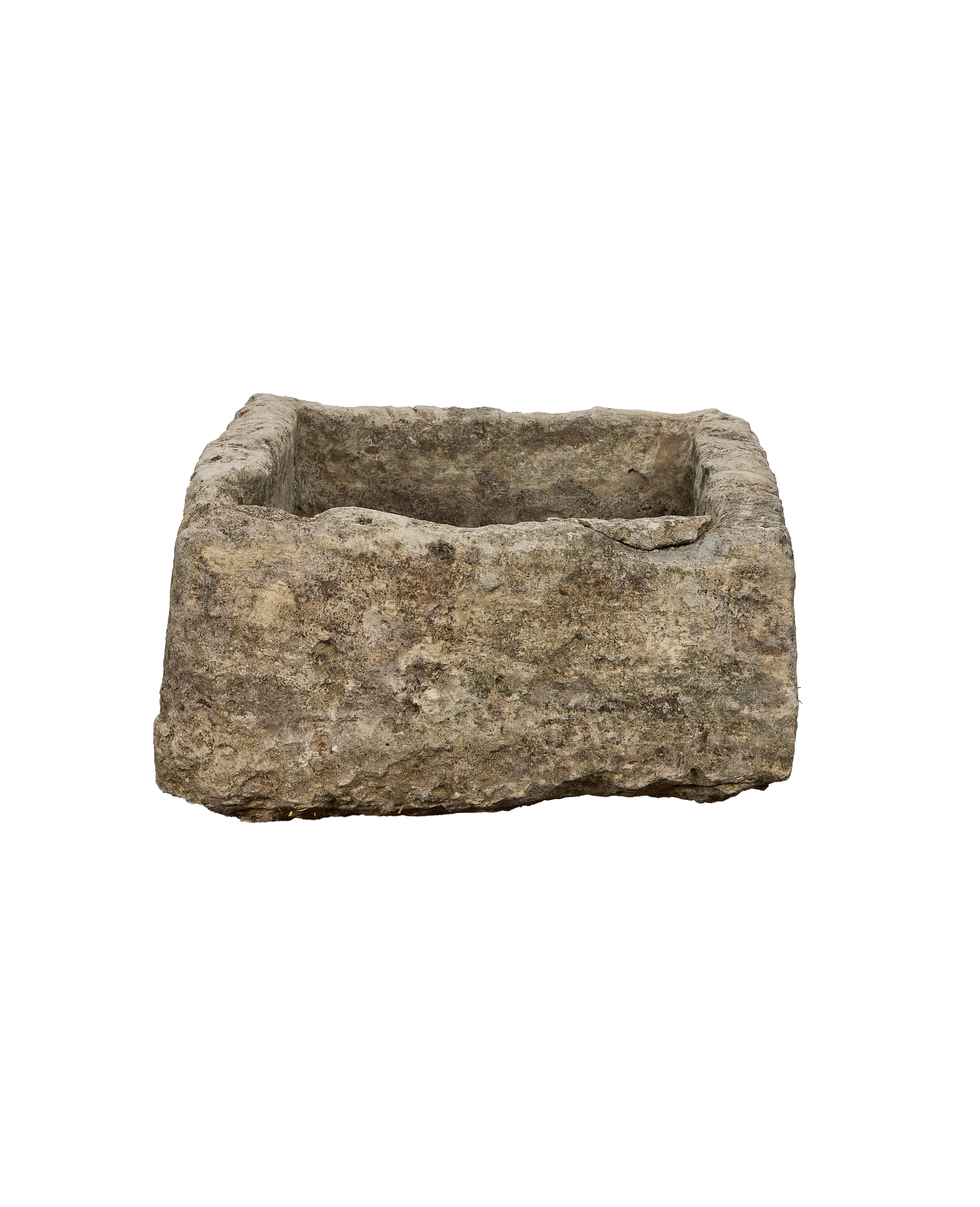 Vintage Indonesian OAK limestone trough, rectangular, deeply textured exterior, from above.