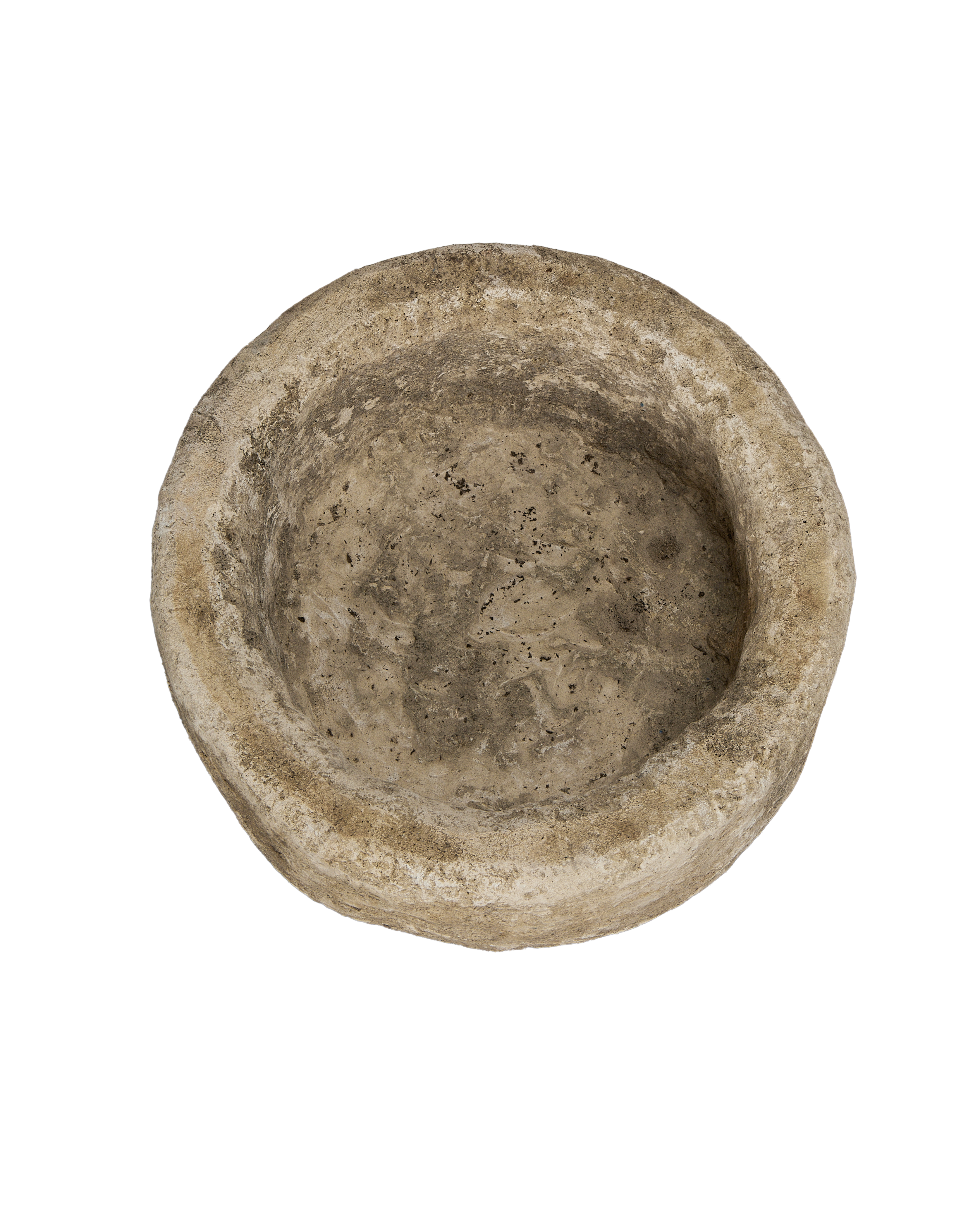 Vintage round Indonesian limestone trough, top view shows weathered texture and depth.
