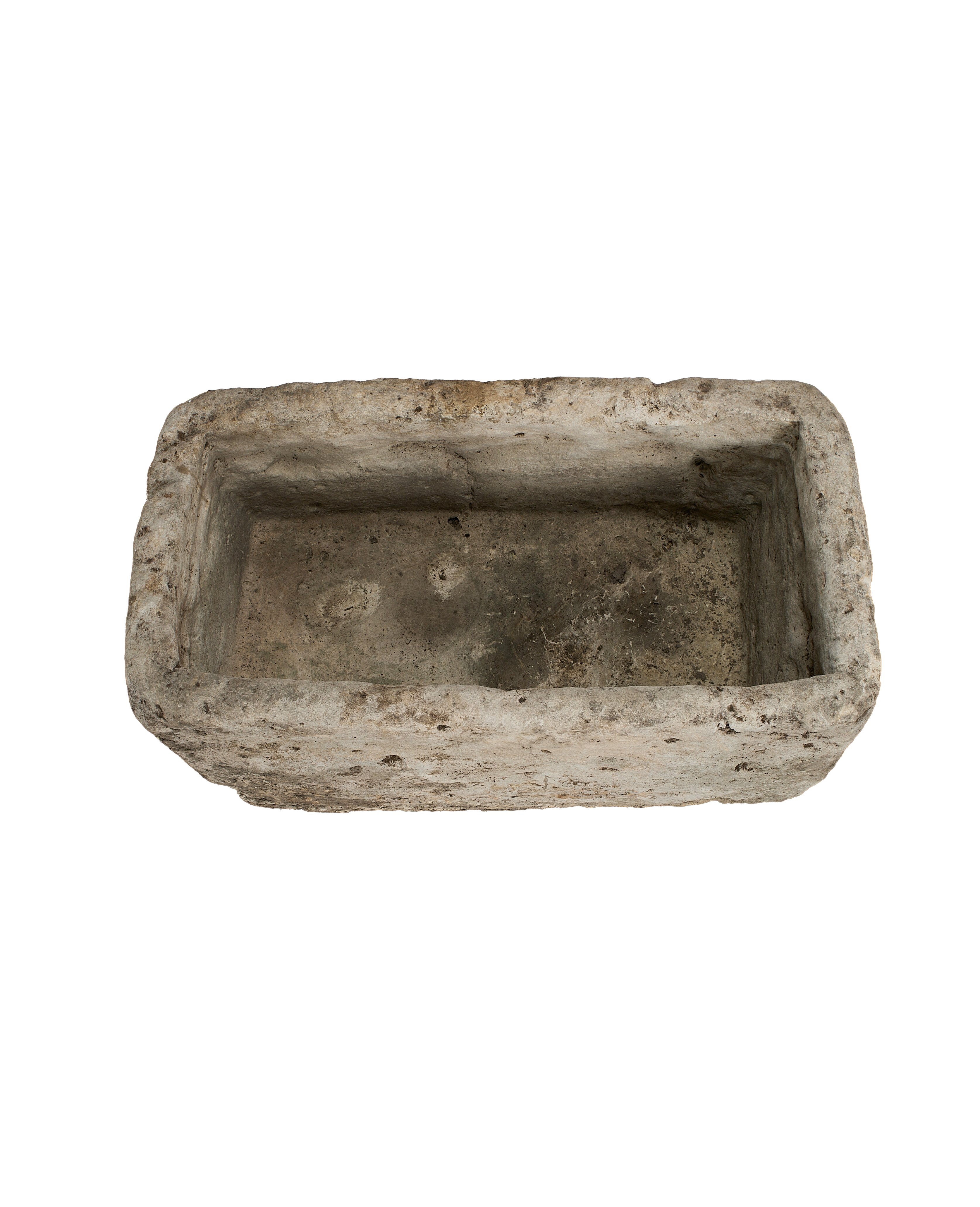 Vintage Indonesian limestone trough (Oak style), top-down view highlighting aged, weathered interior texture.