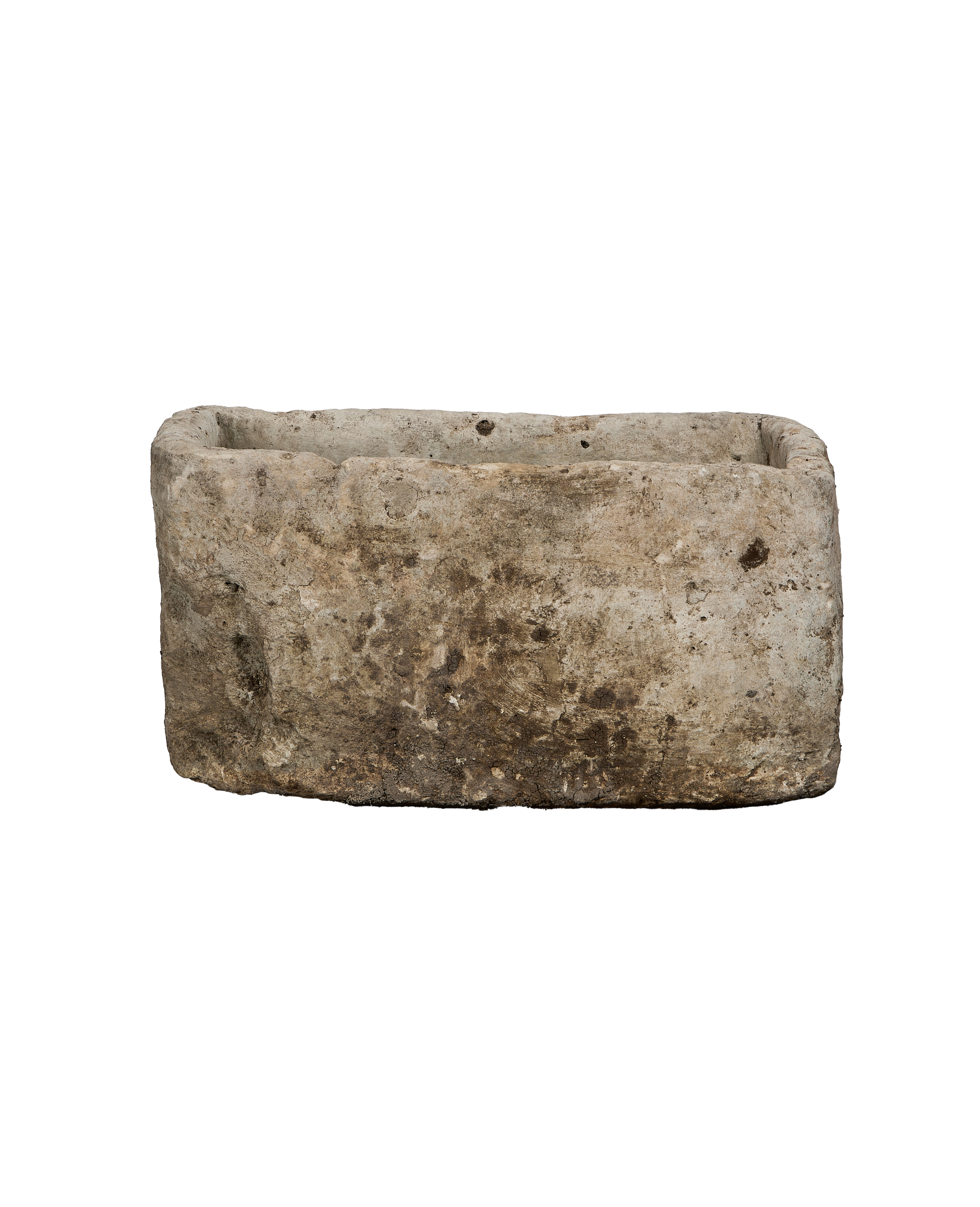Vintage Indonesian rectangular limestone trough, bottom view showcasing natural weathered patina and rough texture.