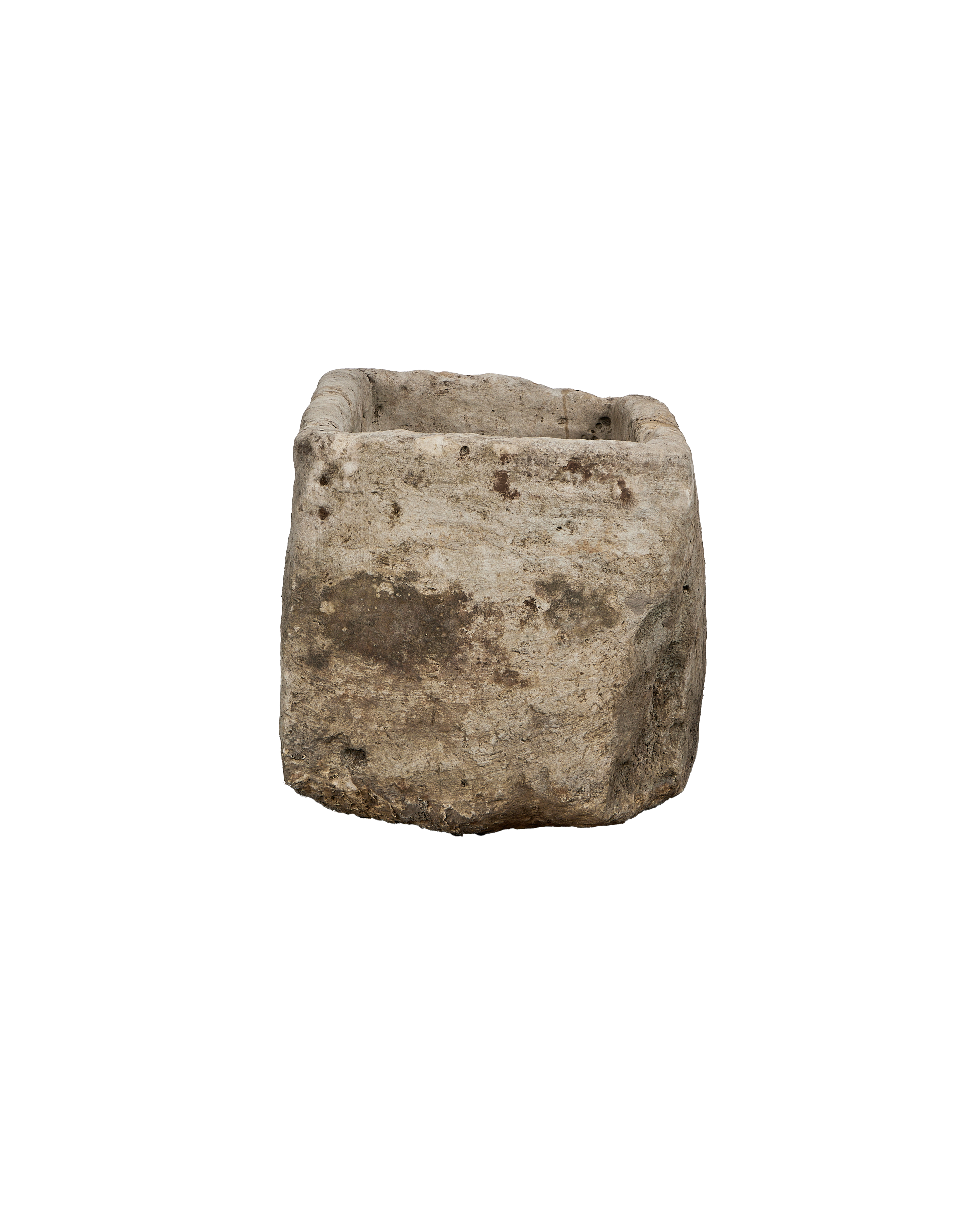 Vintage Indonesian rectangular limestone trough, rustic texture, weathered patina, seen from above.