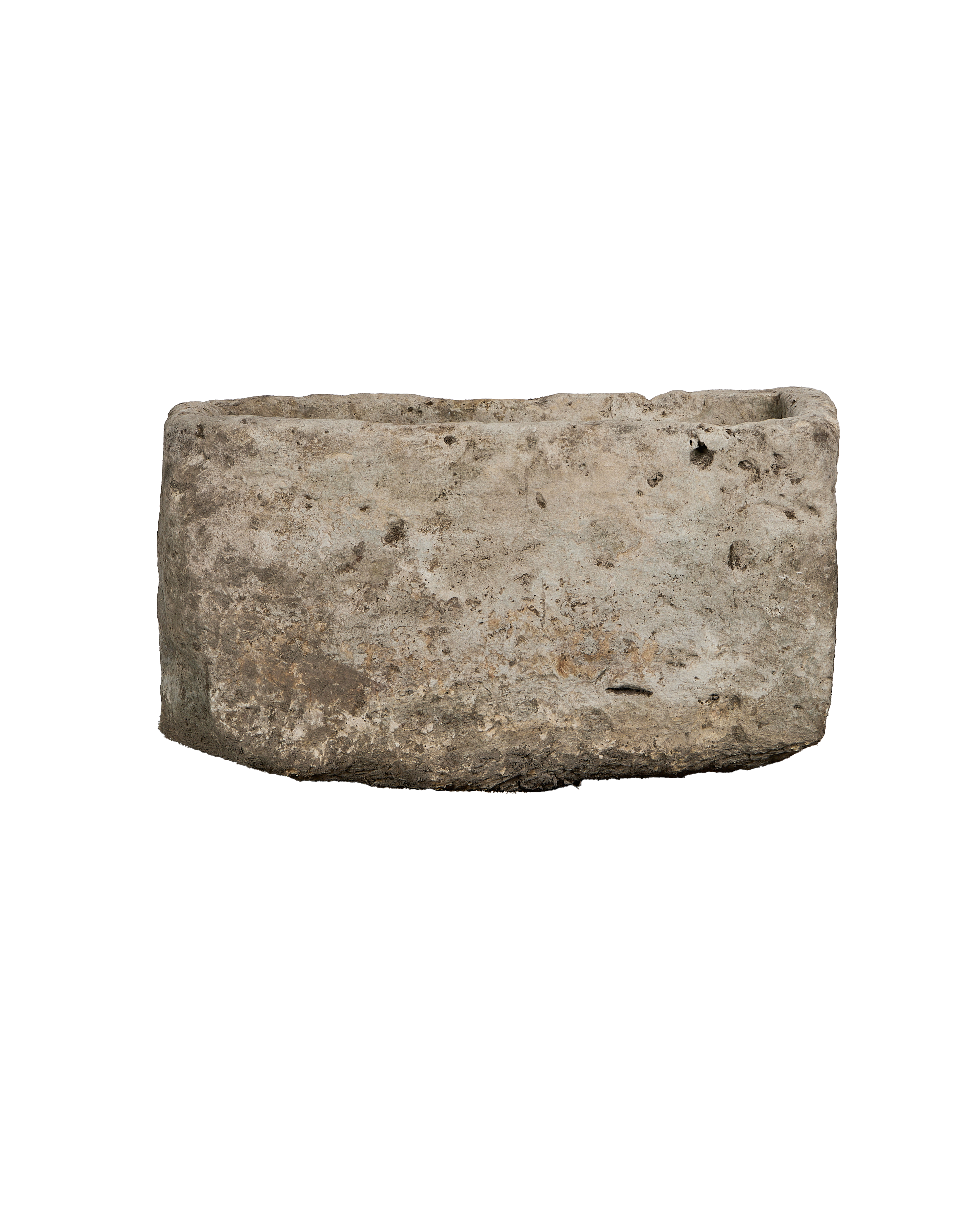 Vintage rectangular limestone trough, showing rough weathered texture and natural imperfections.