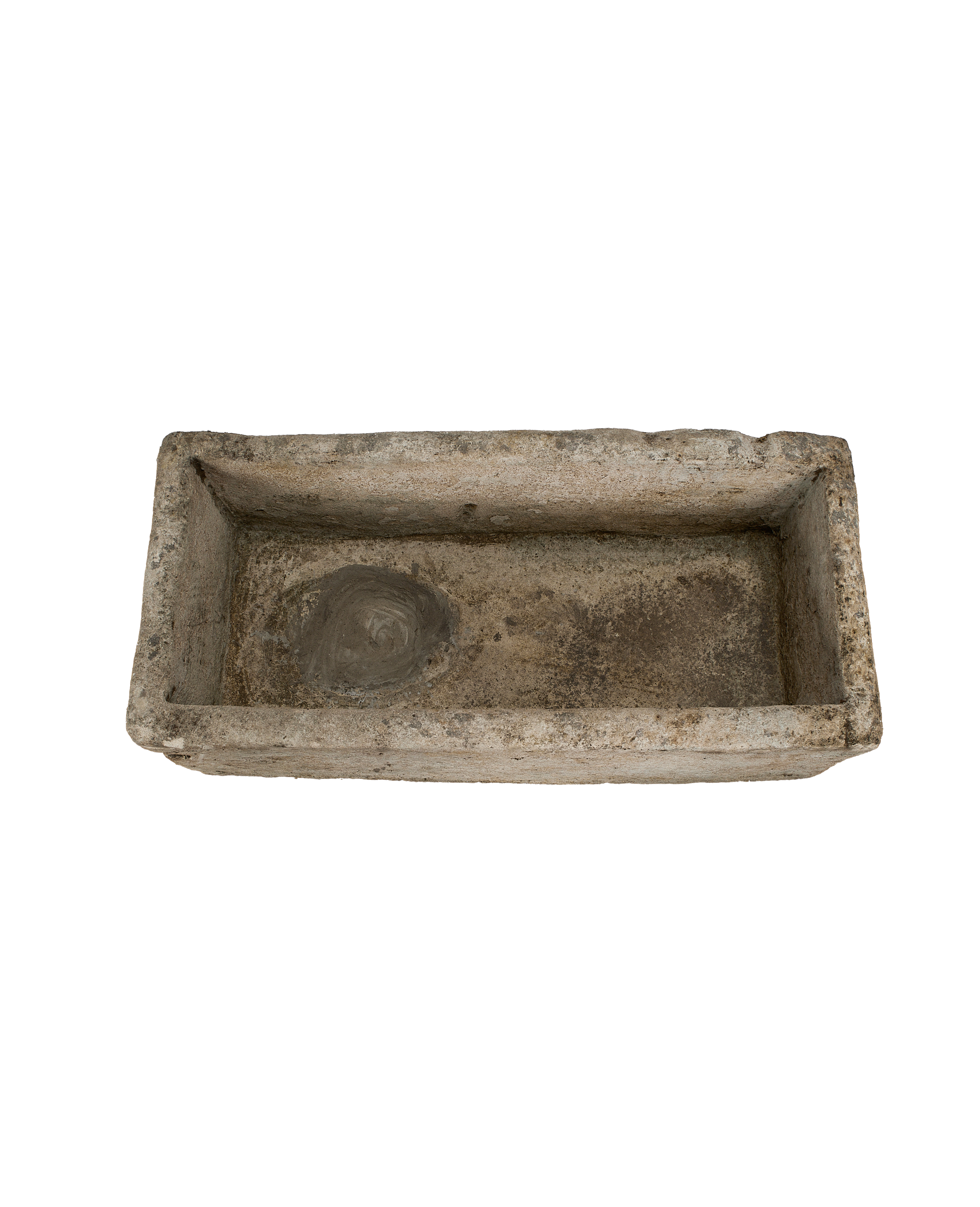 Vintage Indonesian rectangular limestone trough, top-down view showing interior basin, textured condition.