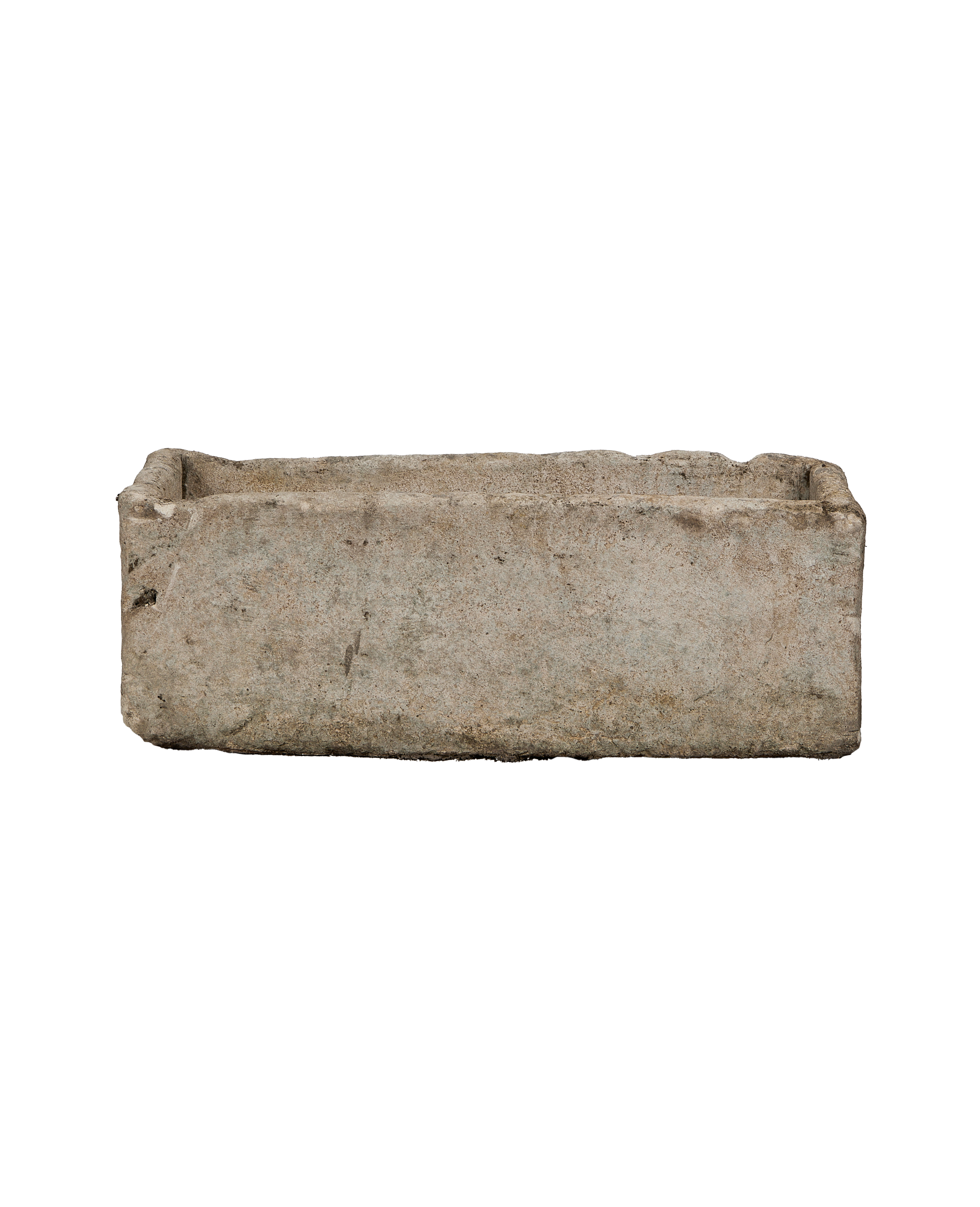 Vintage rectangular limestone trough, weathered gray, showcasing its unique rough texture.