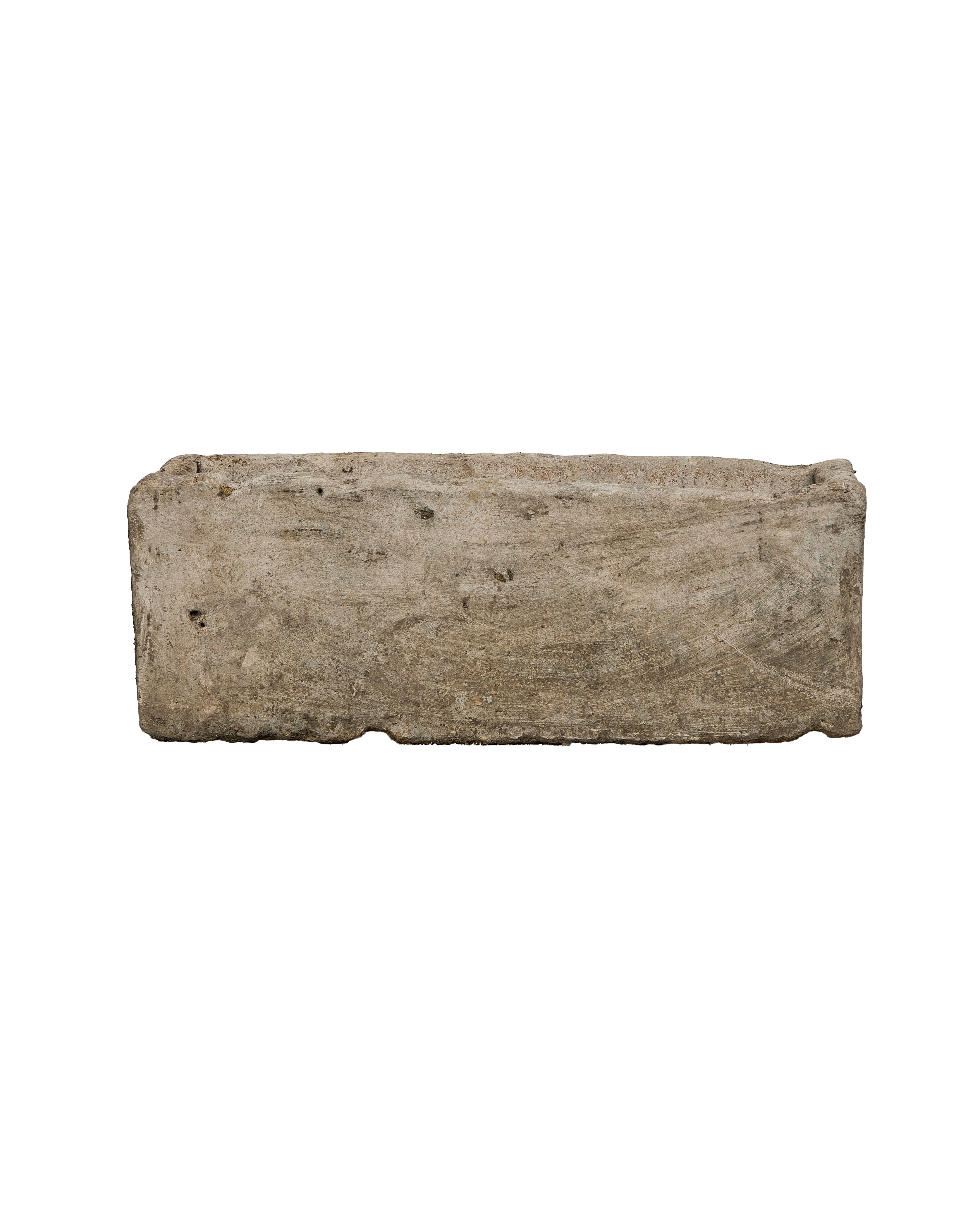 Vintage Indonesian limestone trough, rectangular, OAK, with textured, weathered surface detail, side view.