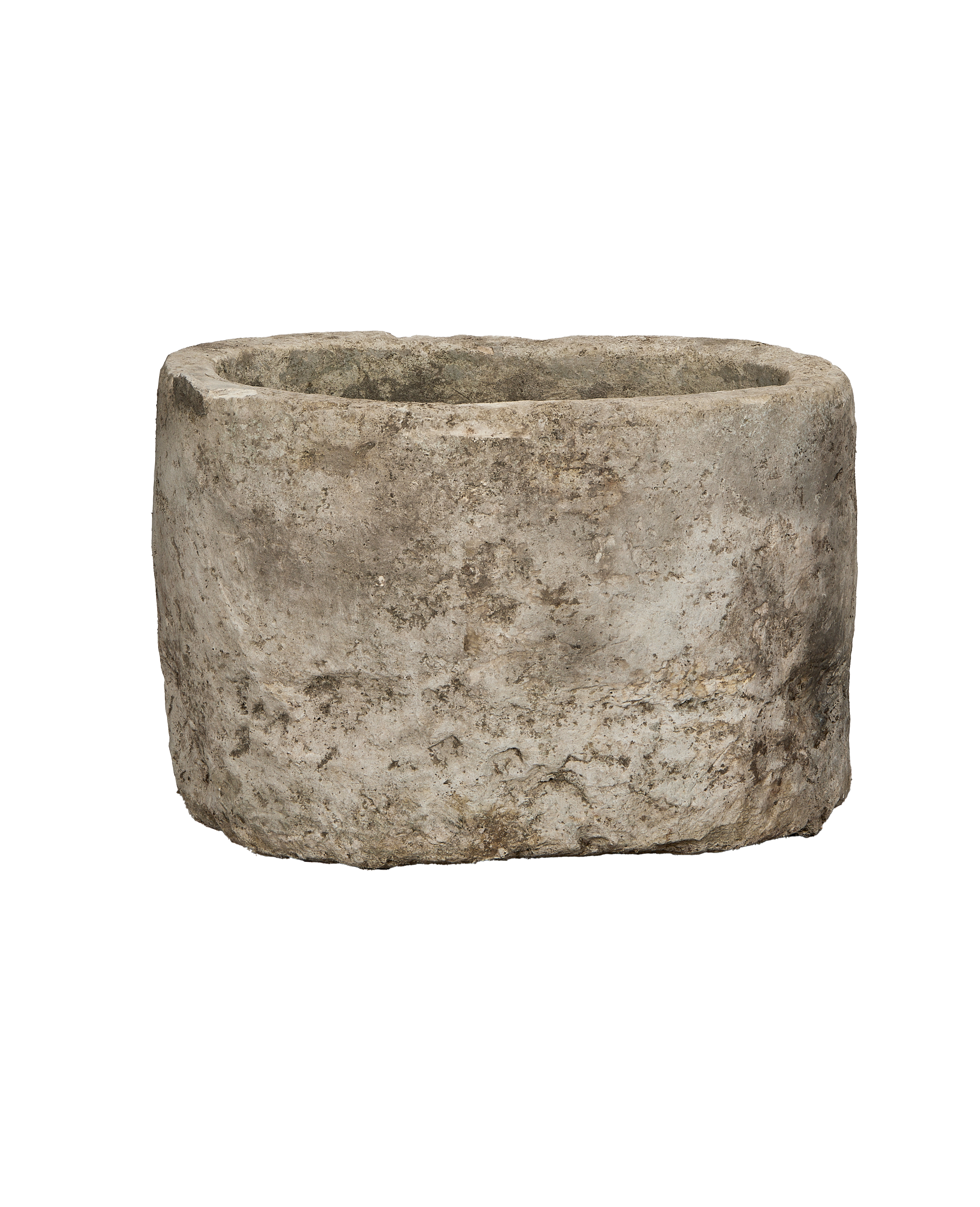 Vintage limestone trough from Indonesia, weathered exterior texture, displaying top opening.