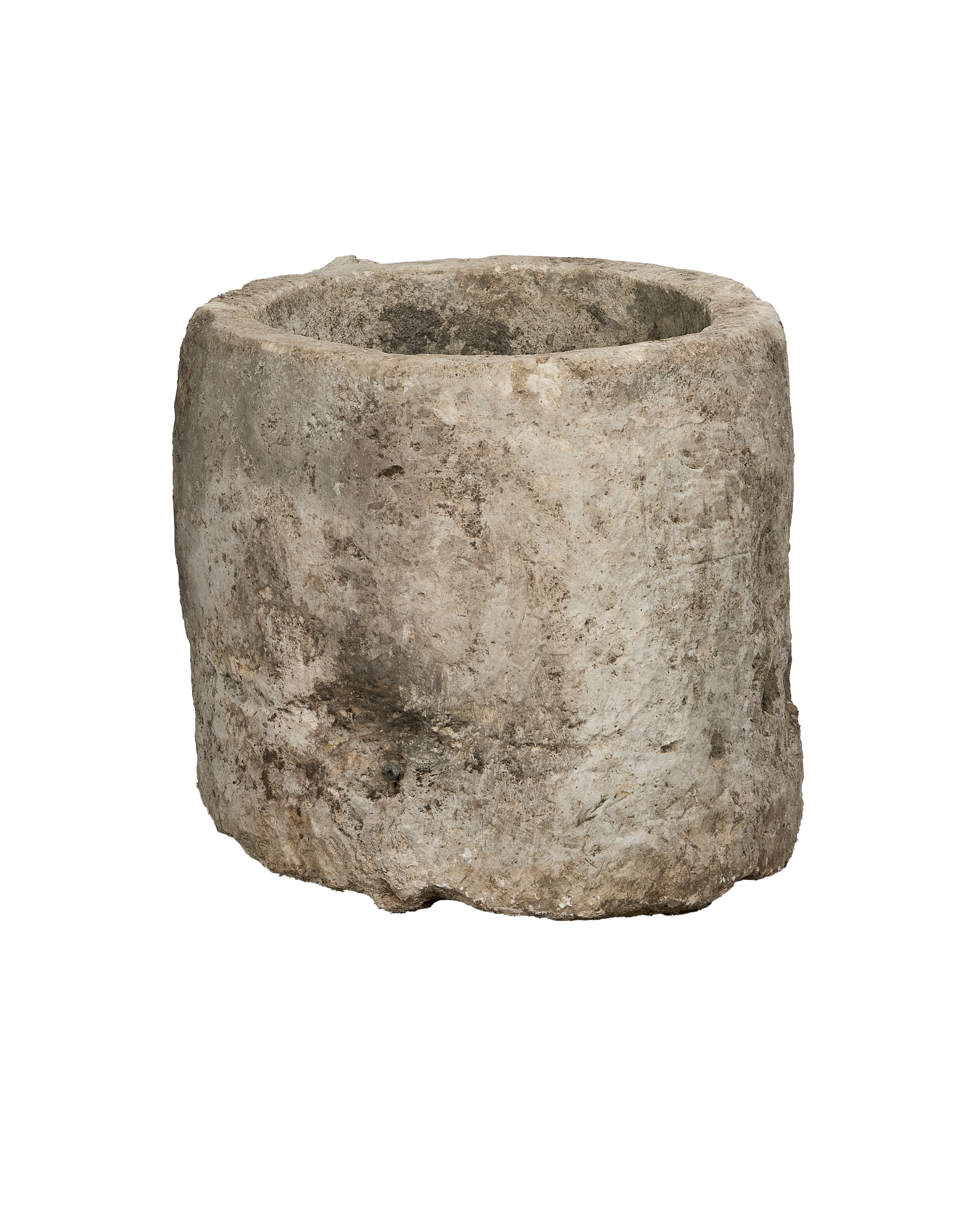 Vintage Indonesian limestone trough, top opening detail highlighting weathered texture and natural imperfections.