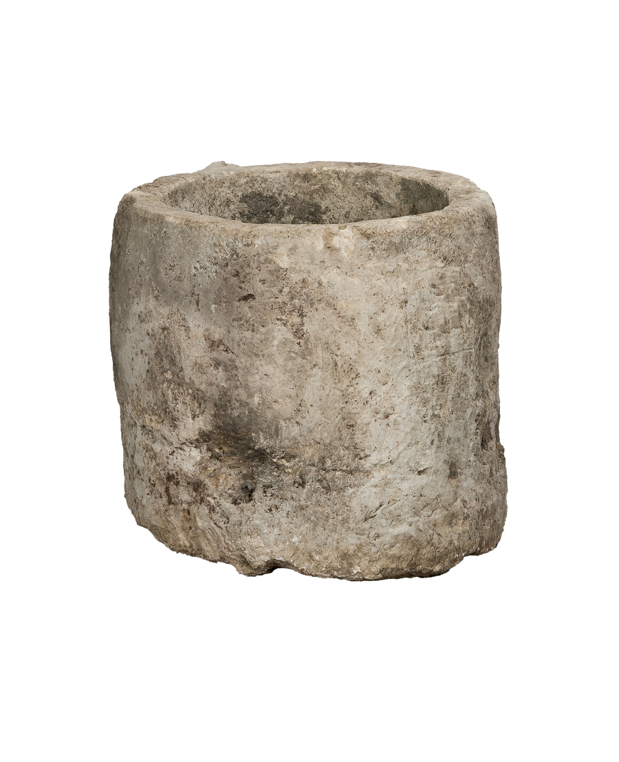 Vintage Indonesian limestone trough, top opening detail highlighting weathered texture and natural imperfections.