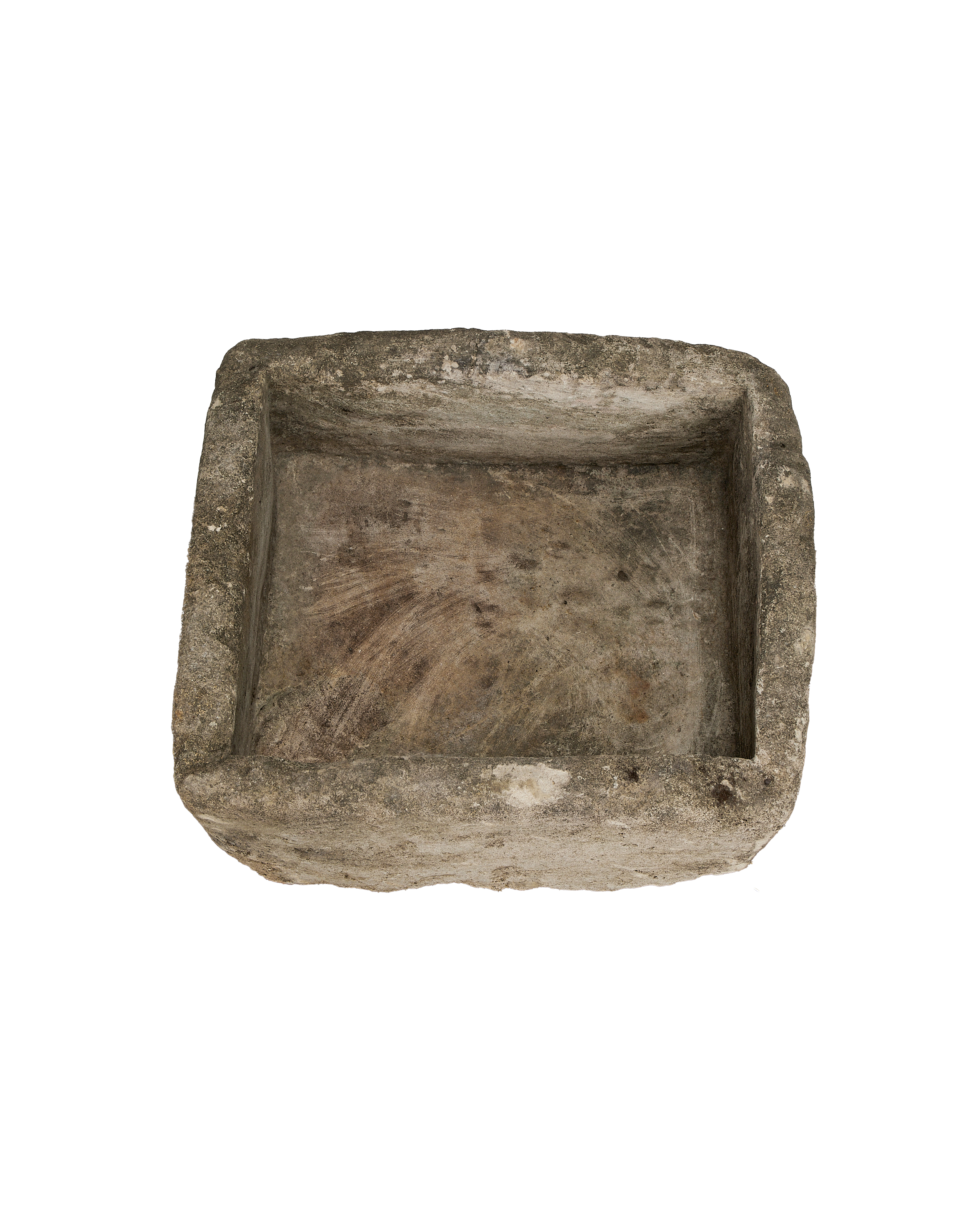 Vintage square limestone trough, top-down view highlighting weathered texture and shallow interior.
