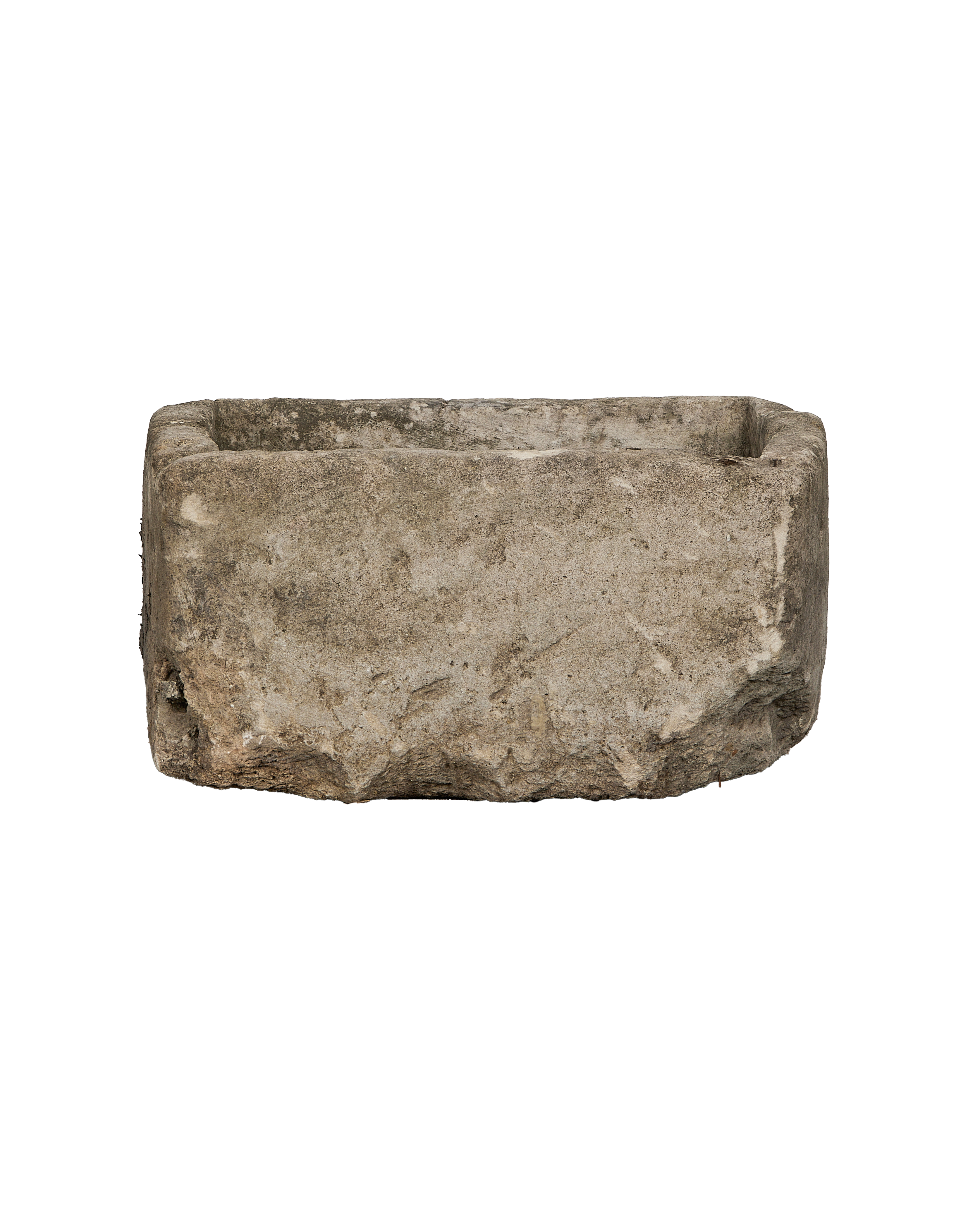 Vintage square limestone trough, weathered gray, from Indonesia, featuring organic rough-hewn edges.