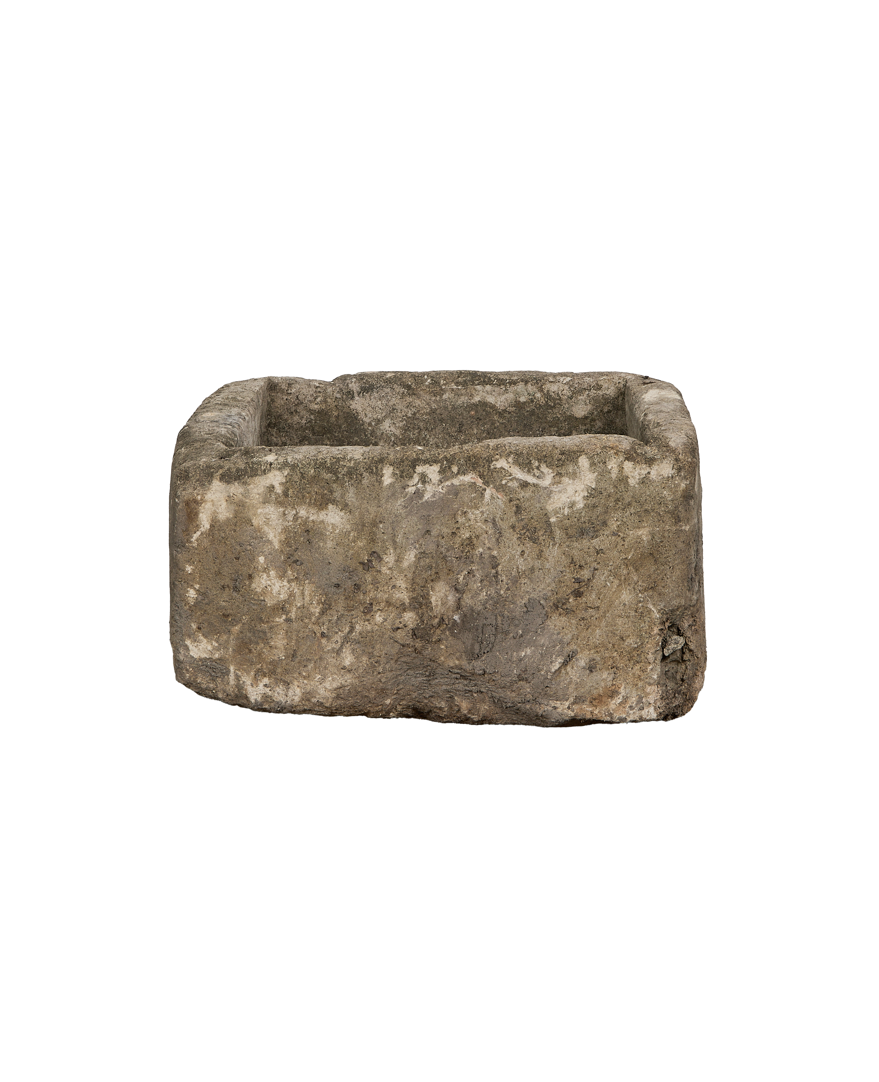 Vintage Indonesian square limestone trough, weathered finish, showing its rustic texture and form.