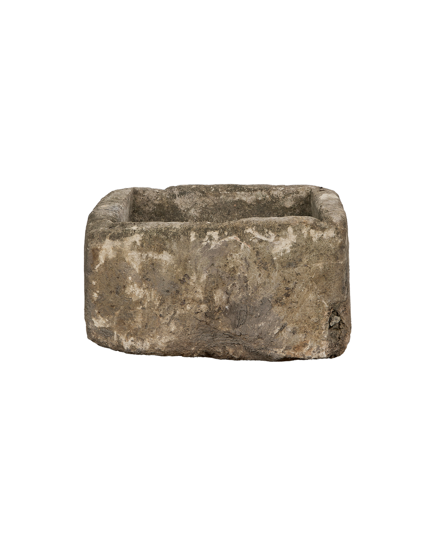 Vintage Indonesian square limestone trough, weathered finish, showing its rustic texture and form.