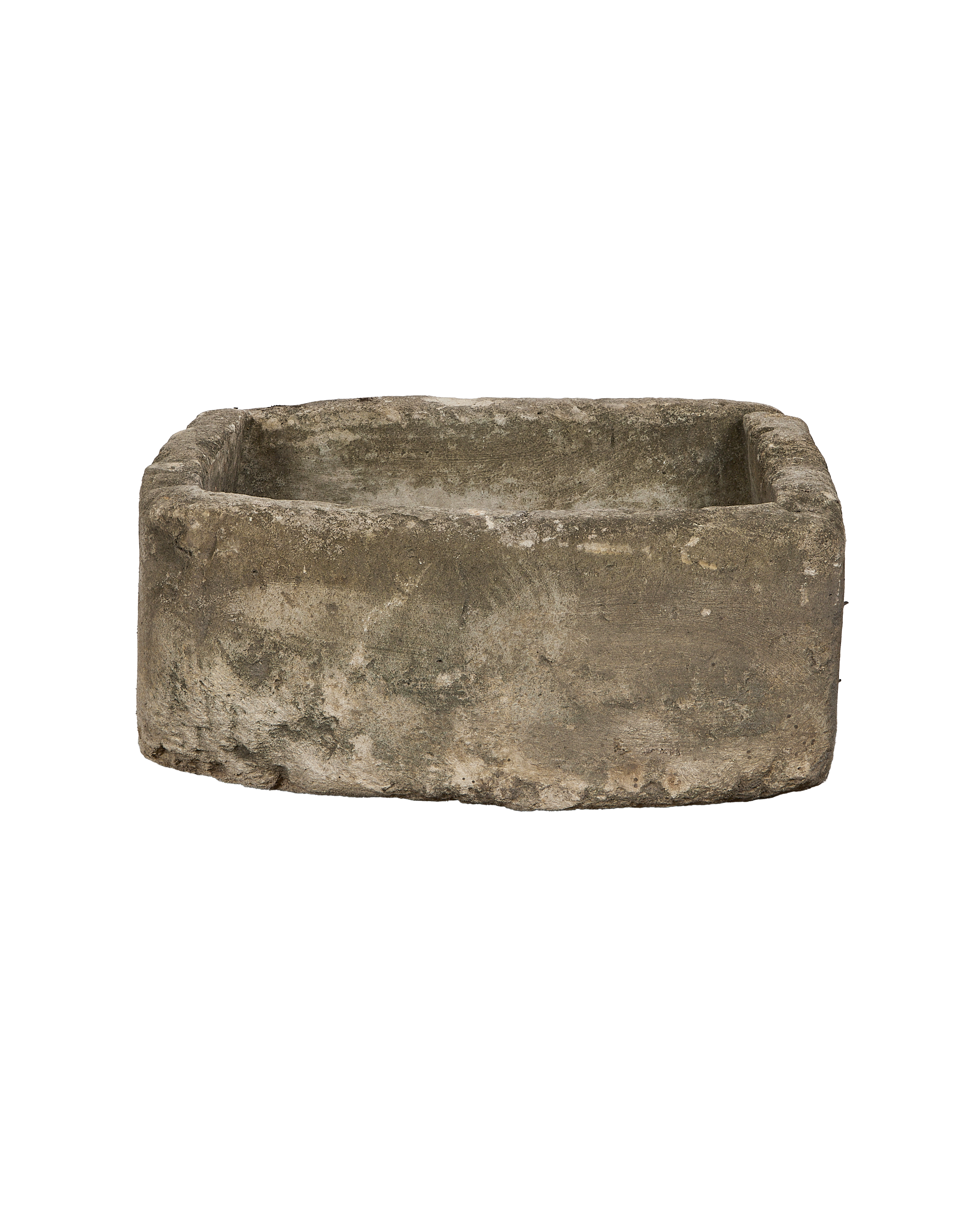 Front view of square vintage Indonesian limestone trough with rough-hewn texture.