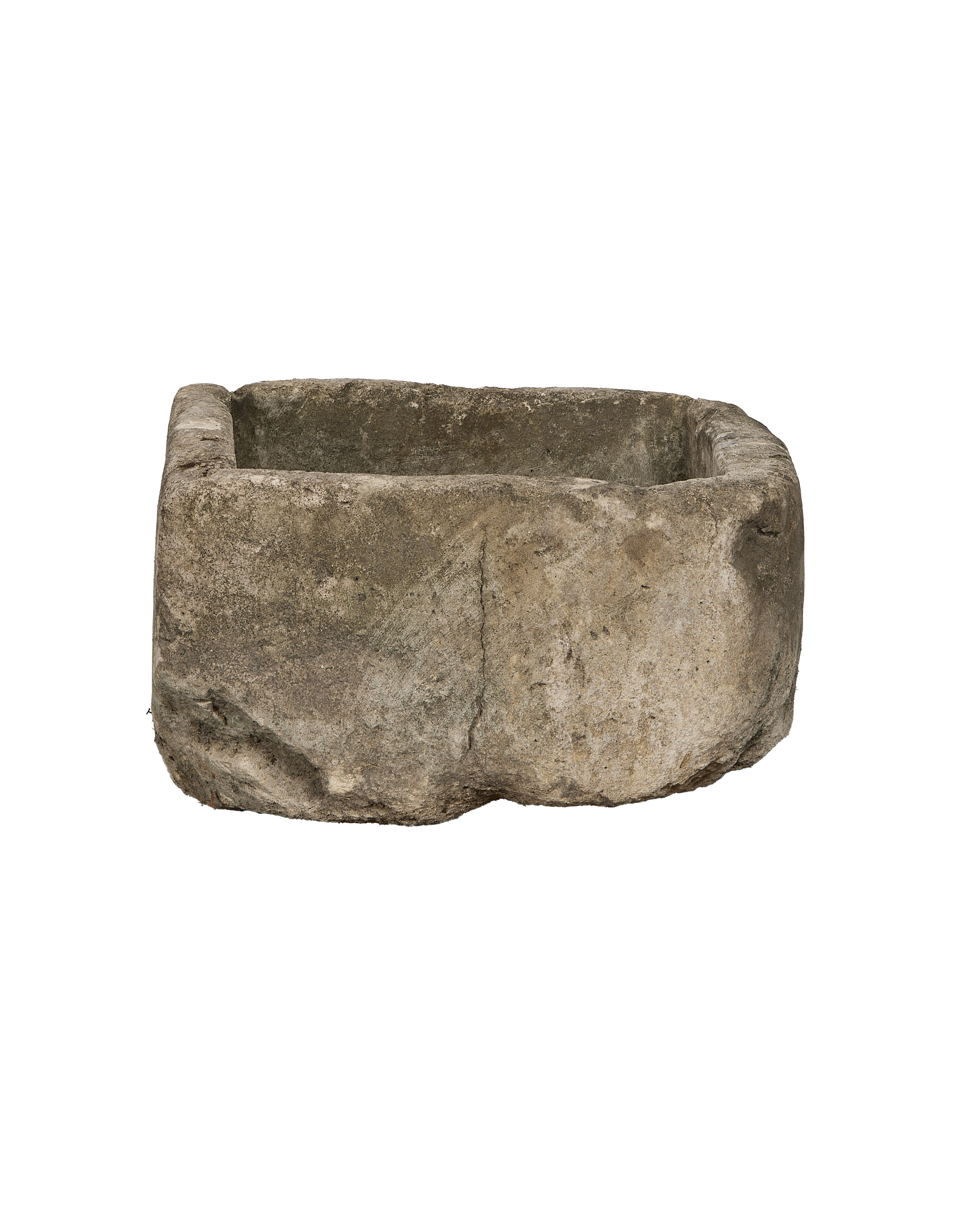 Vintage Indonesian limestone trough, square, showing natural surface texture and rough edges.