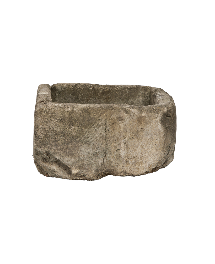 Vintage Indonesian limestone trough, square, showing natural surface texture and rough edges.