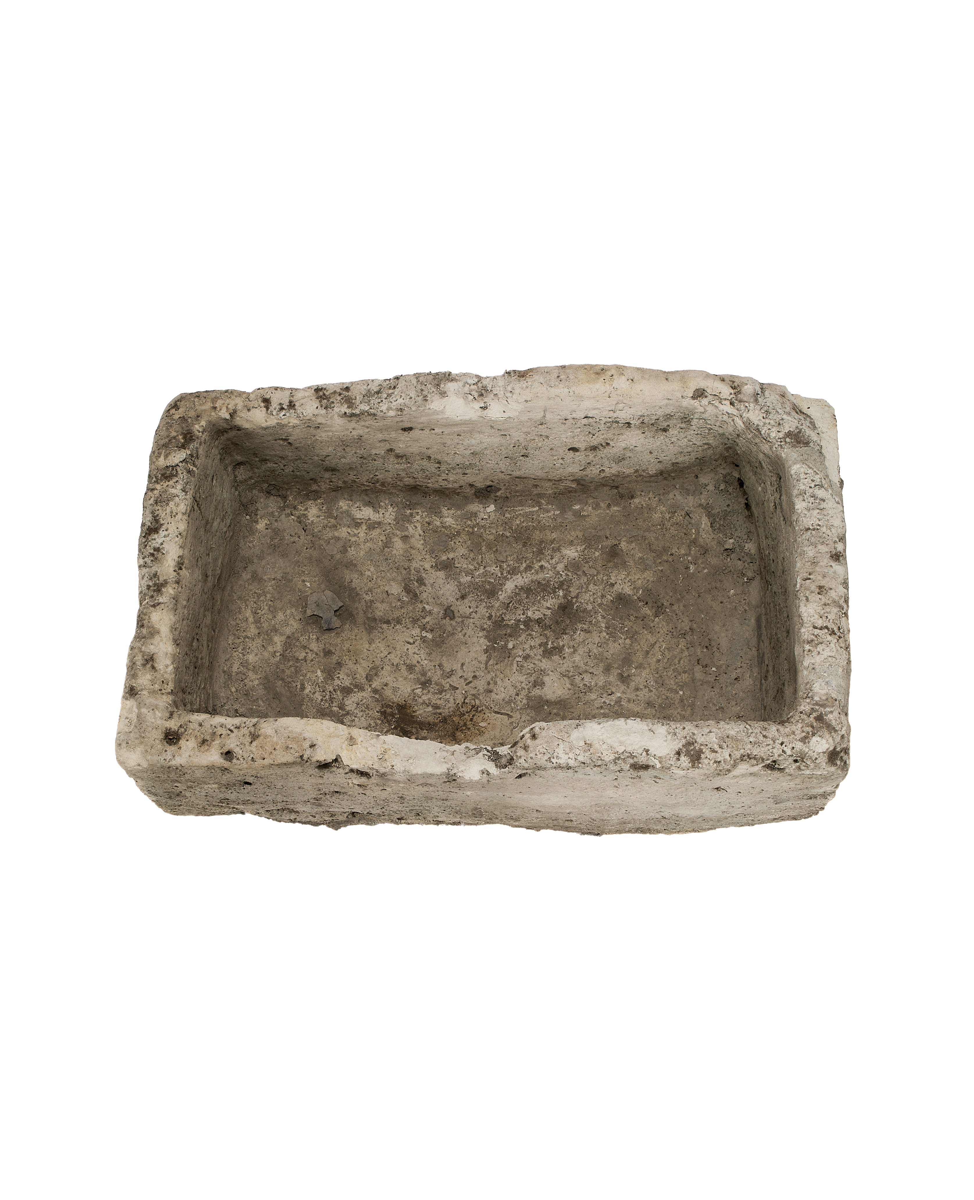 Vintage Indonesian limestone trough (OAK): overhead view highlighting rough, weathered texture and interior basin.