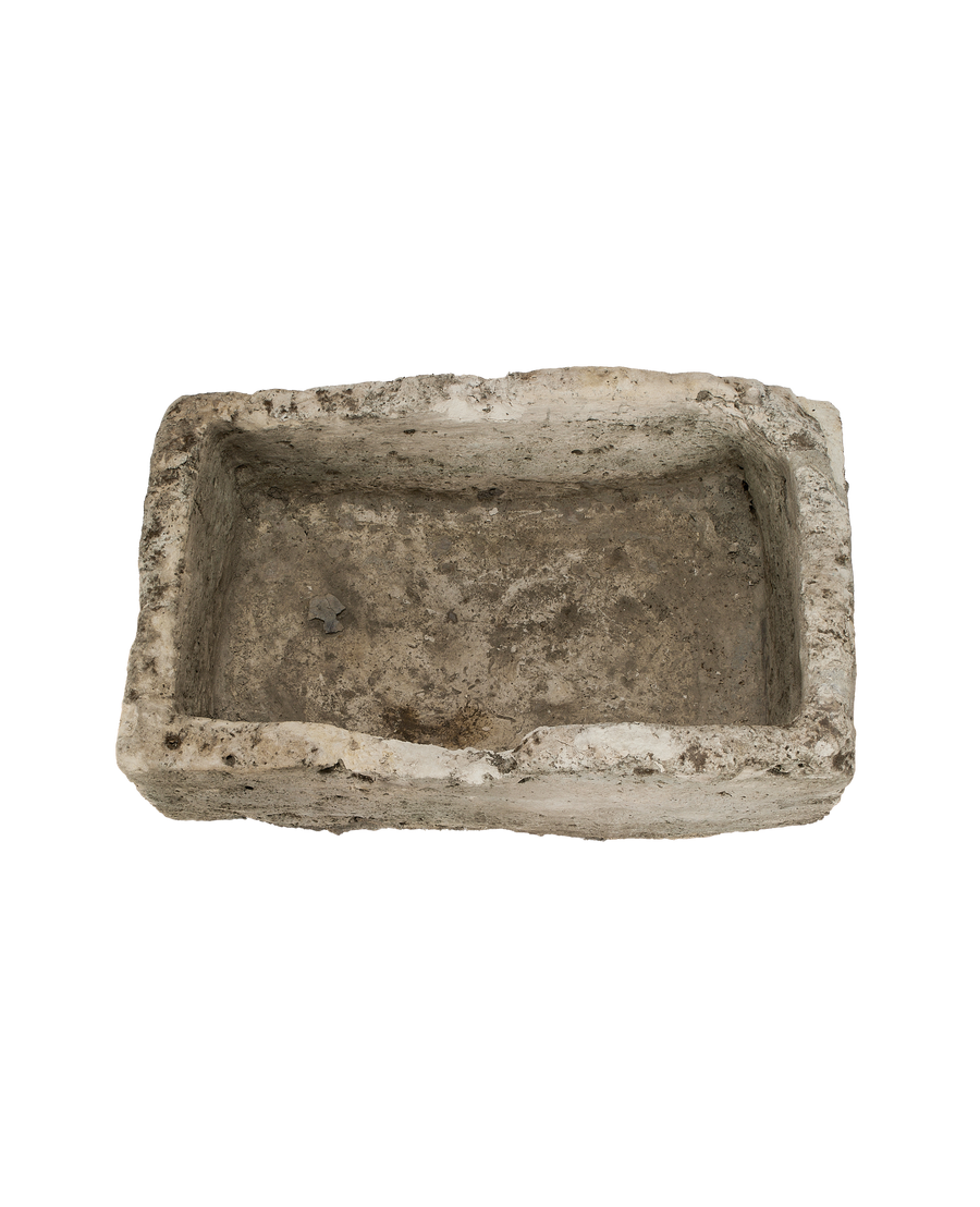 Vintage Indonesian limestone trough (OAK): overhead view highlighting rough, weathered texture and interior basin.