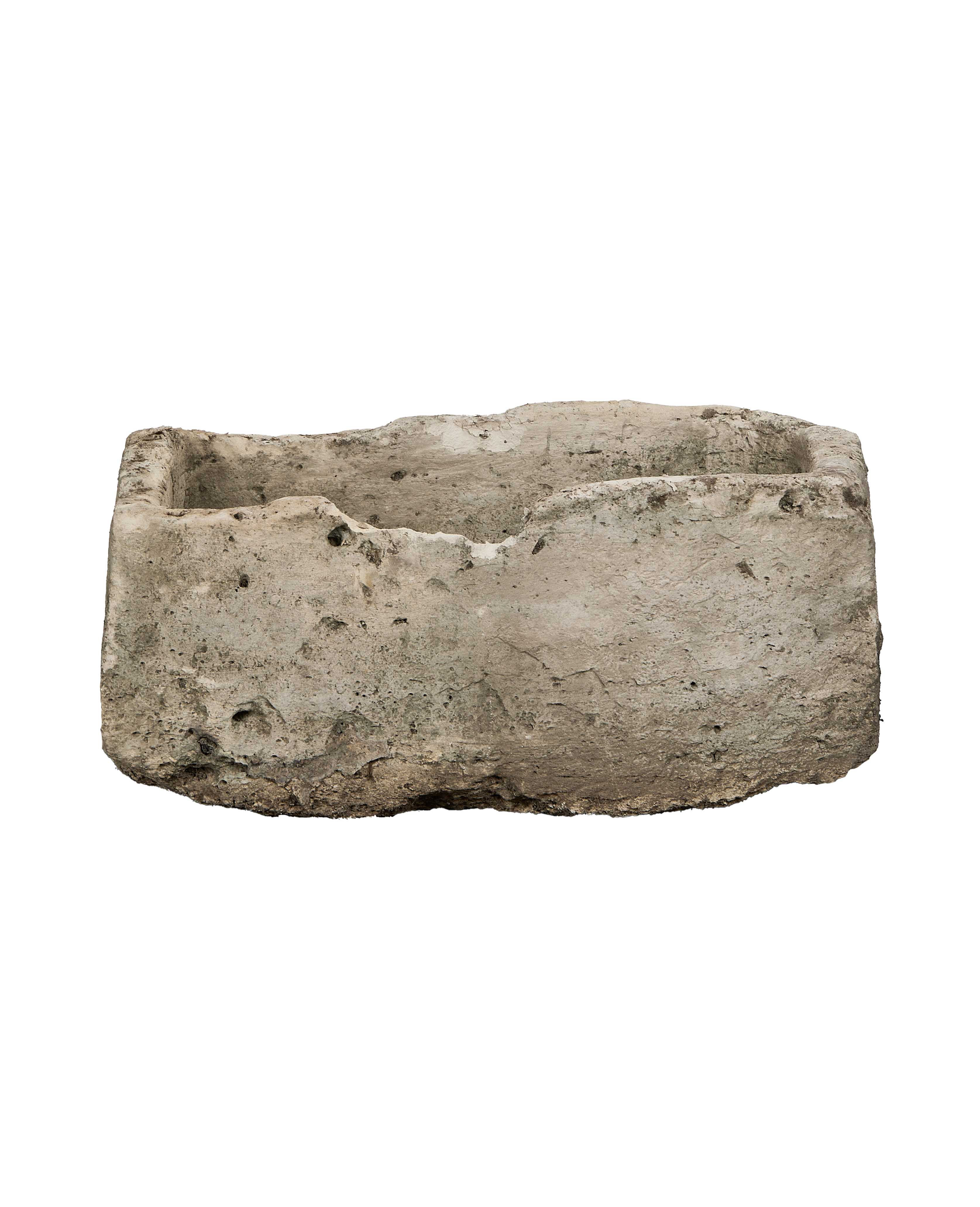 Vintage Indonesian limestone trough, rectangular, rustic, textured, with naturally rough edges and aged patina.