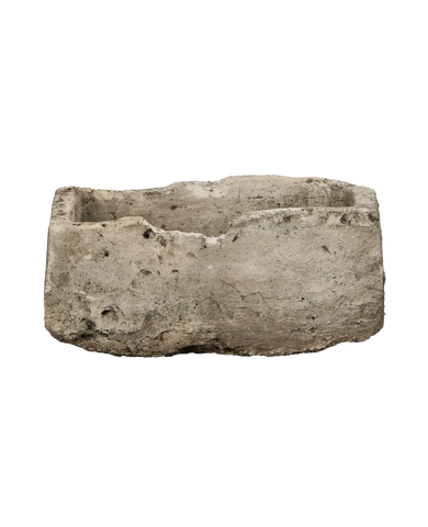 Vintage Indonesian limestone trough, rectangular, rustic, textured, with naturally rough edges and aged patina.