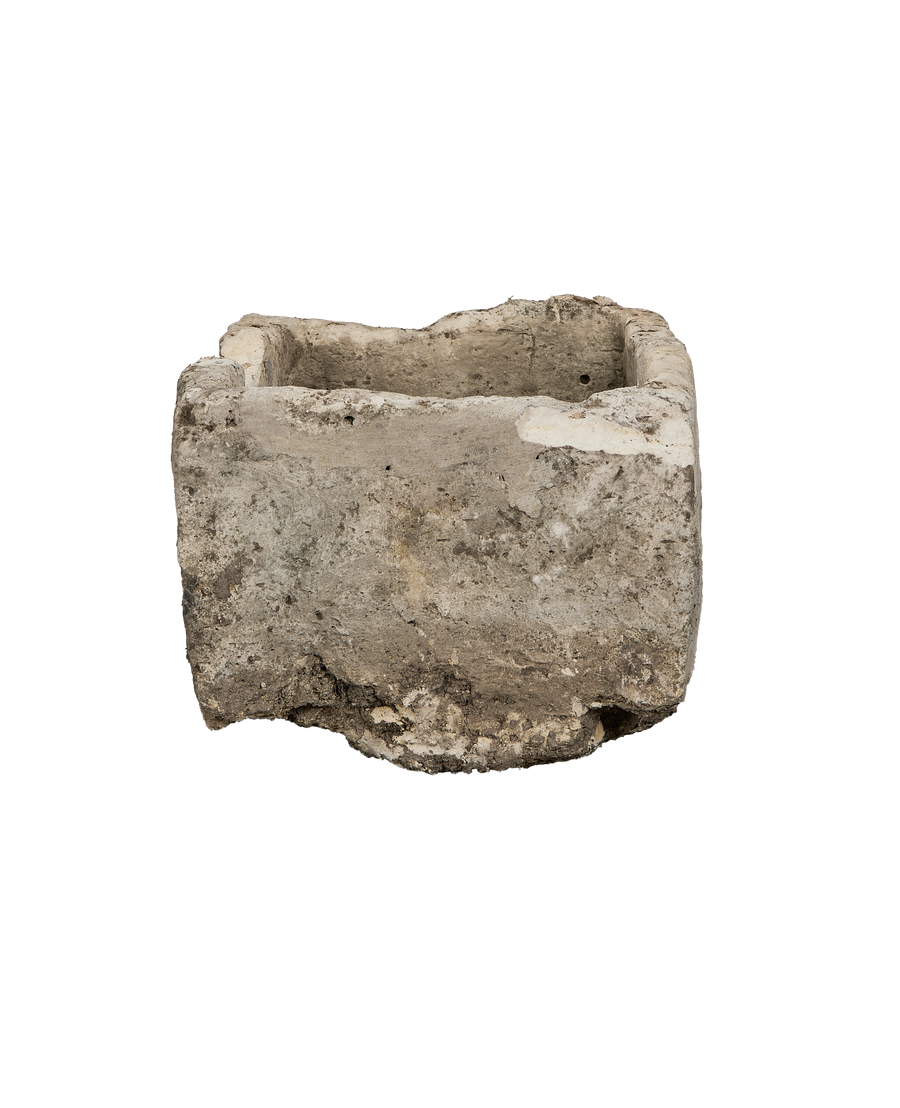 Vintage Indonesian OAK limestone trough showing distressed texture, weathered finish, and minor cracks.