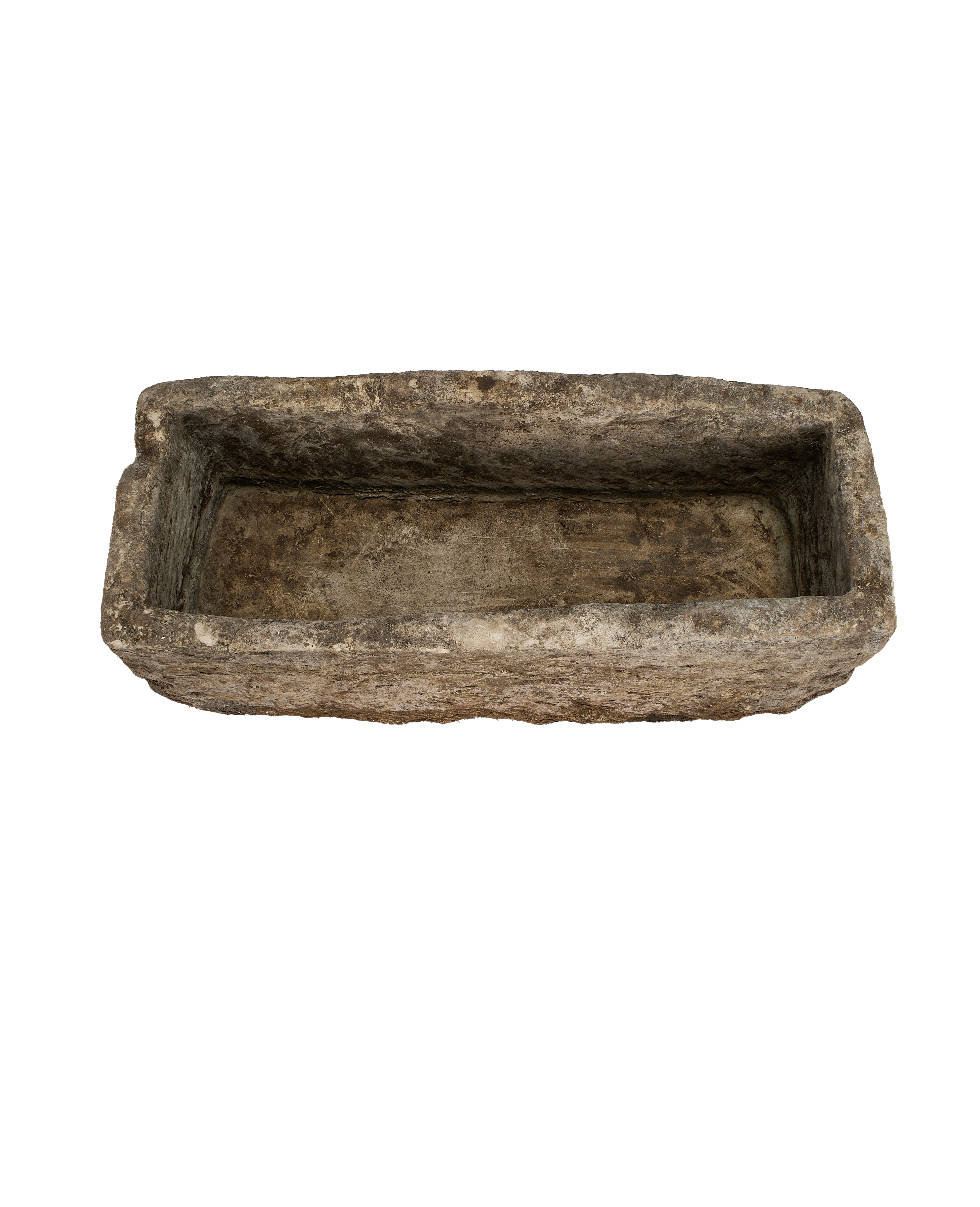 Vintage Indonesian rectangular limestone trough, top-down view highlighting weathered texture and natural imperfections.
