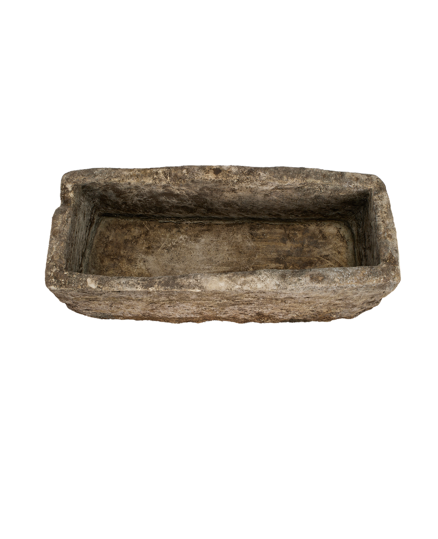 Vintage Indonesian rectangular limestone trough, top-down view highlighting weathered texture and natural imperfections.