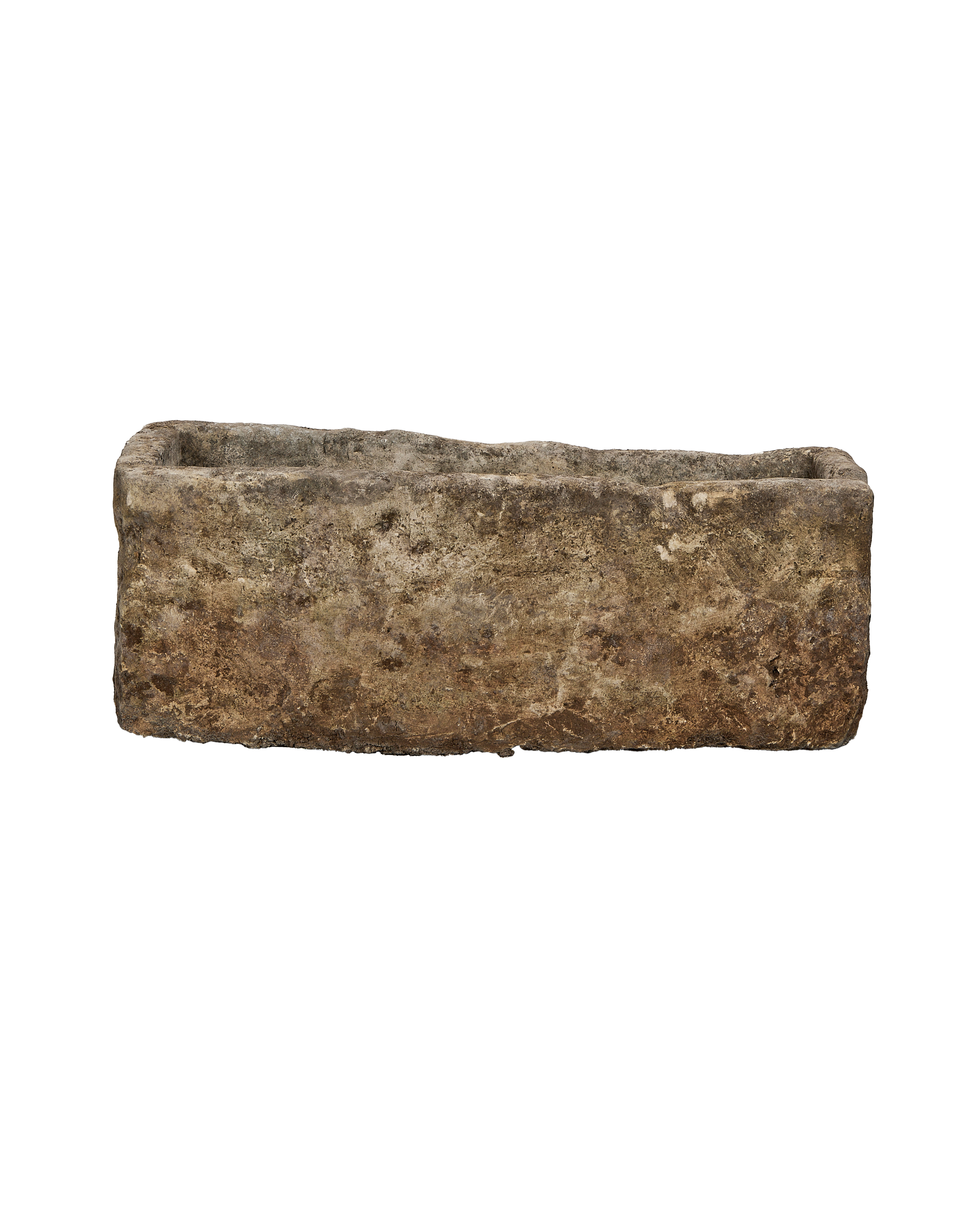 Vintage rectangular limestone trough, showing a full side view with beautiful weathered texture.