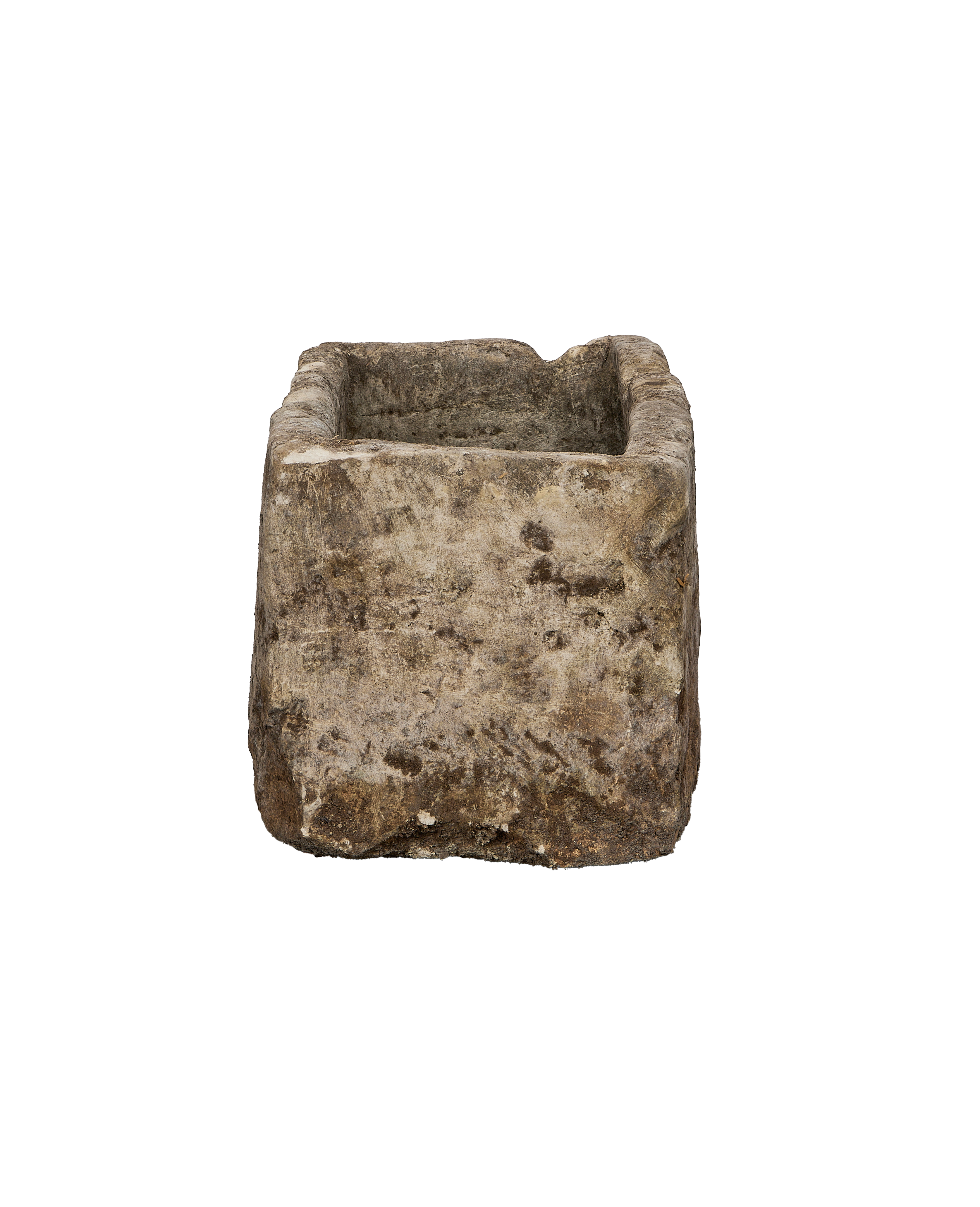 Vintage Indonesian rectangular limestone trough showing rough textured exterior and earthy tones.
