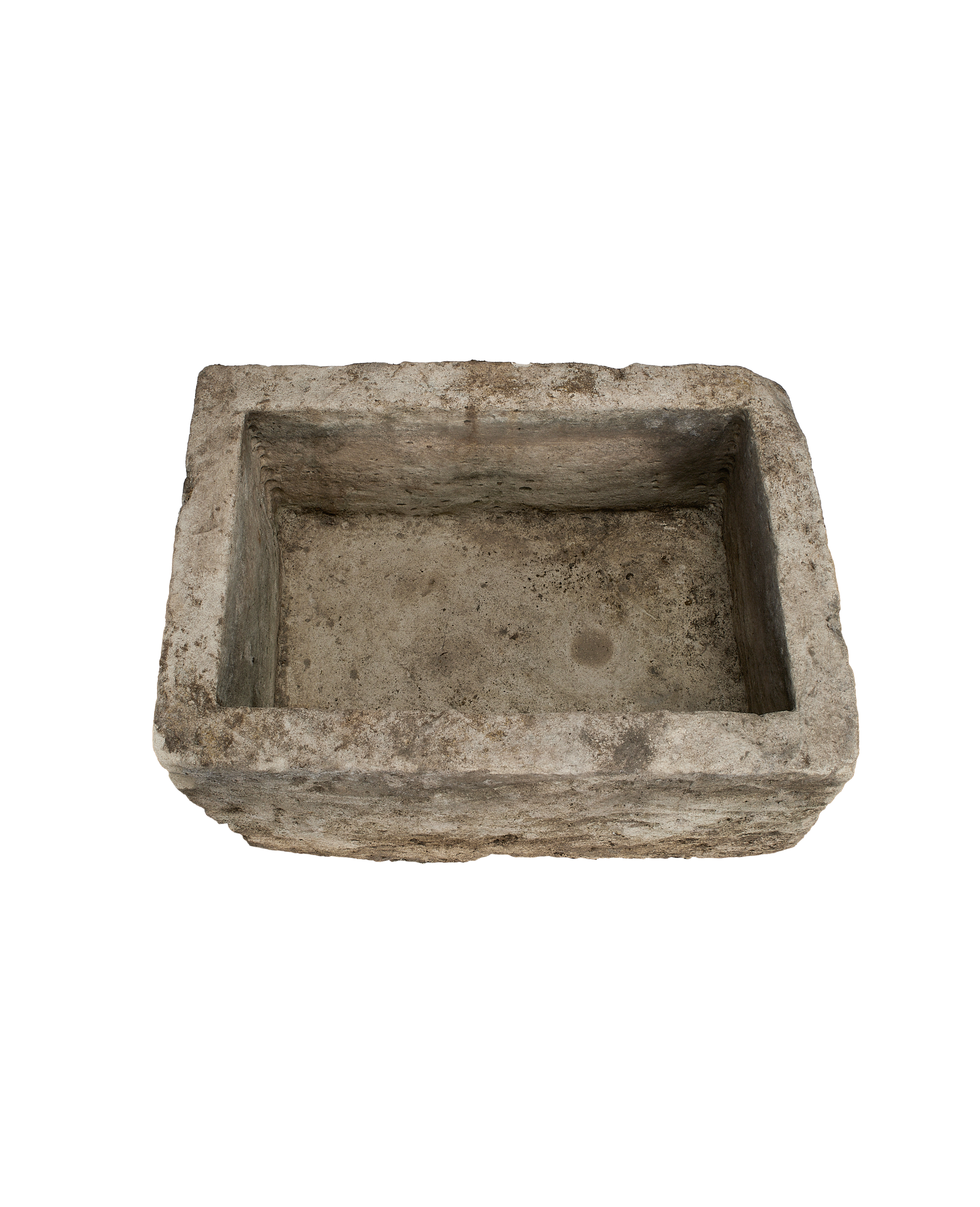 Vintage Indonesian rectangular limestone trough, viewed from above, showing weathered interior surface.