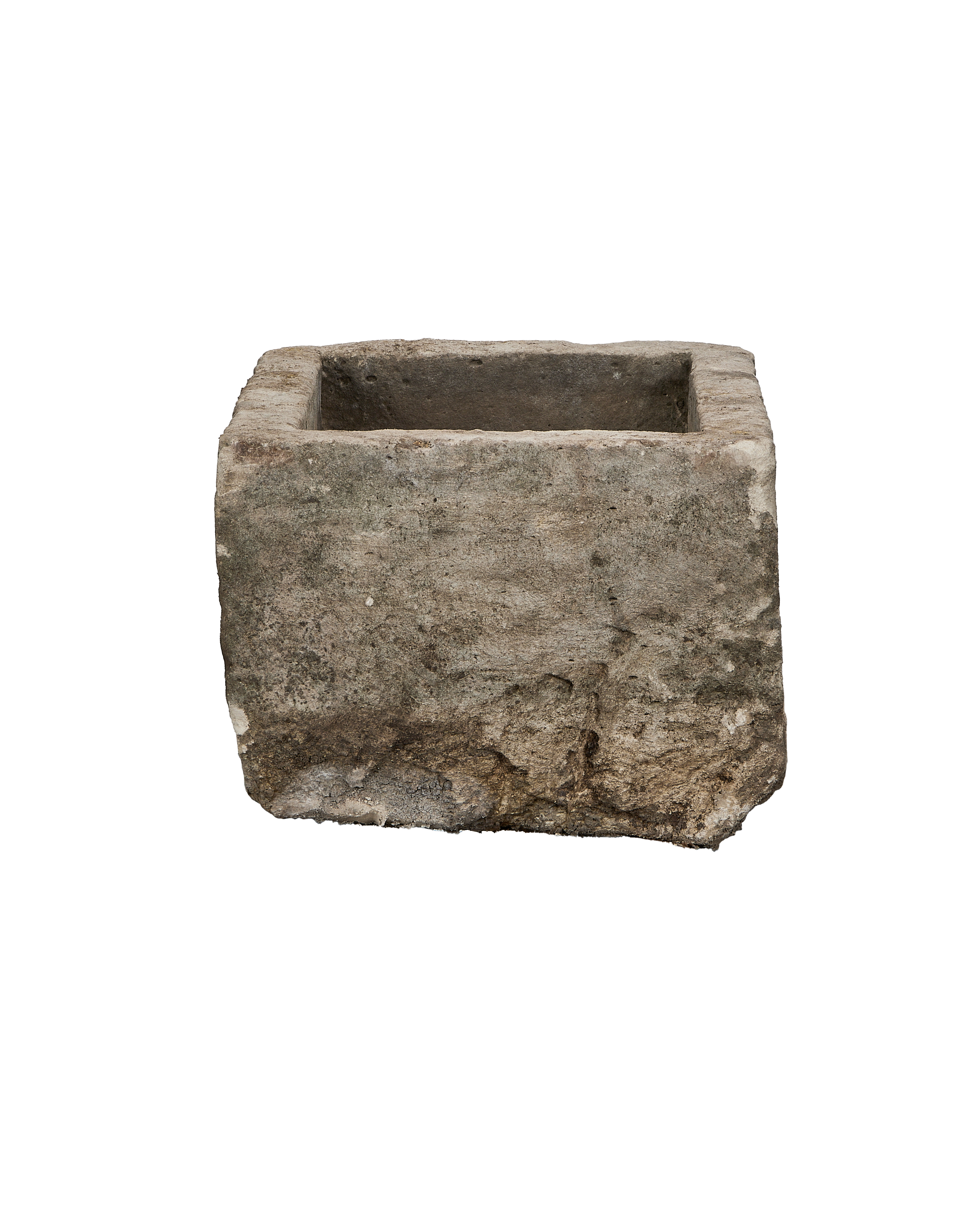 Vintage Indonesian rectangular limestone trough, front and side view, showing weathered surface.