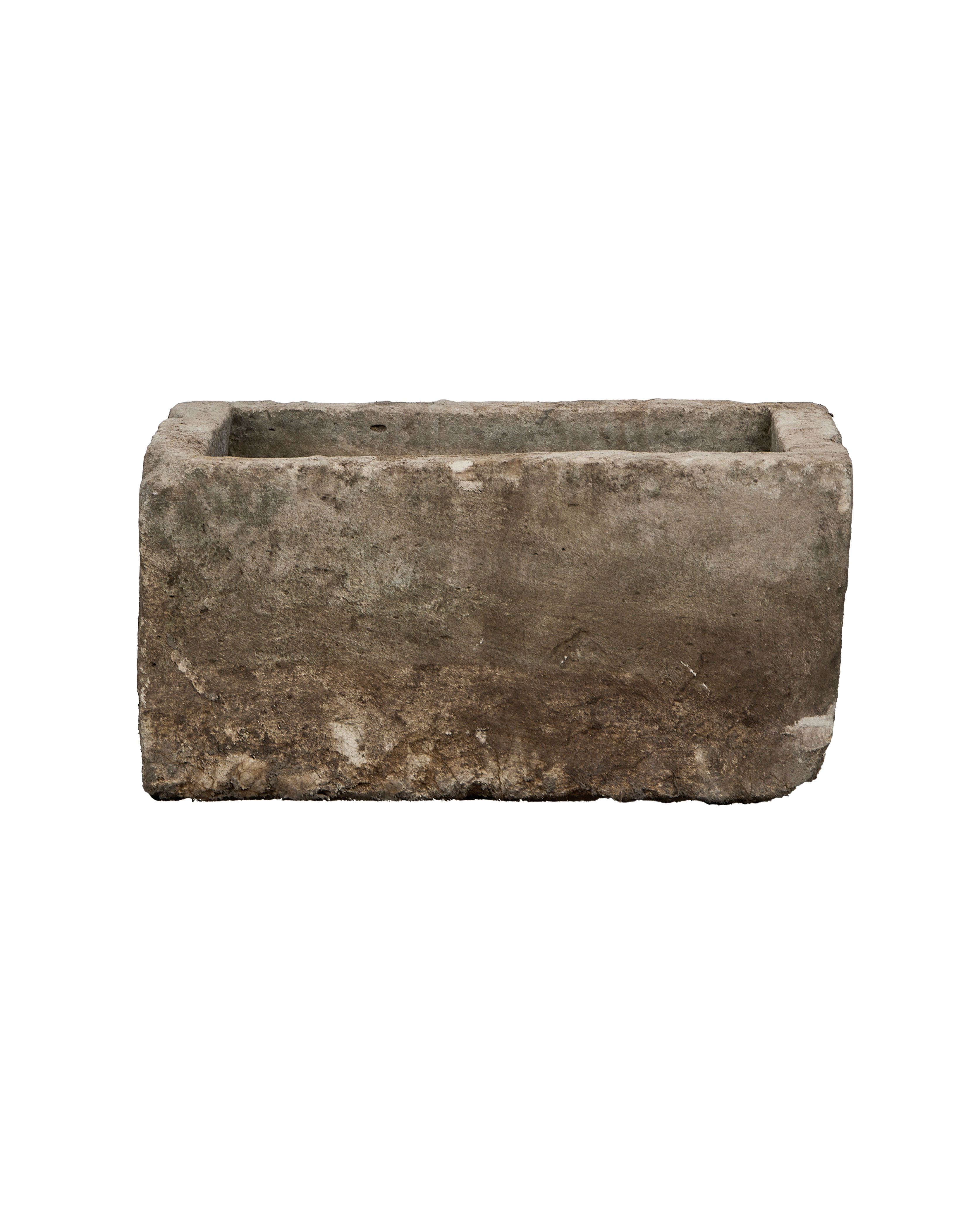 Vintage rectangular Indonesian limestone trough, top view highlights weathered OAK finish, rugged texture.